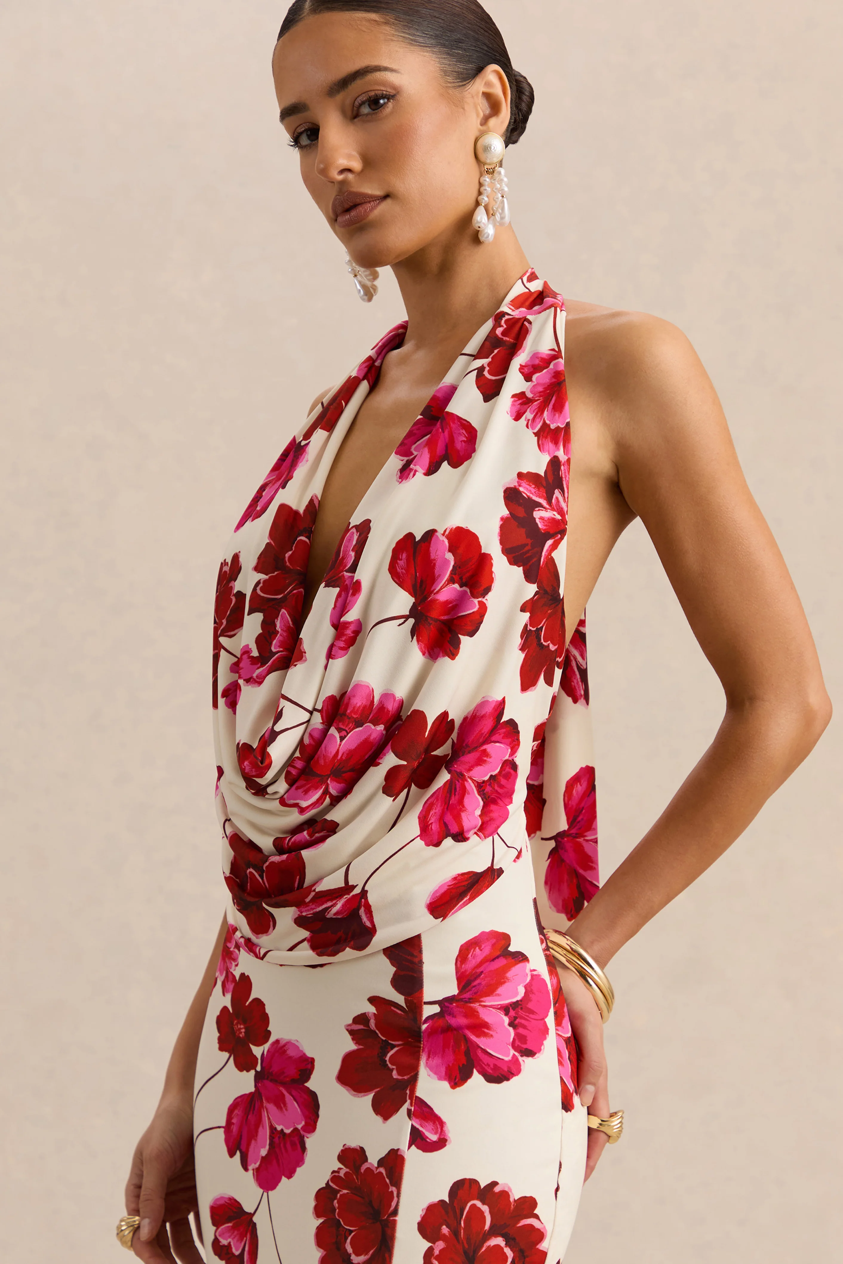 Flossie | Cream And Pink Floral Print Plunge-Neck Maxi Dress - Image 7