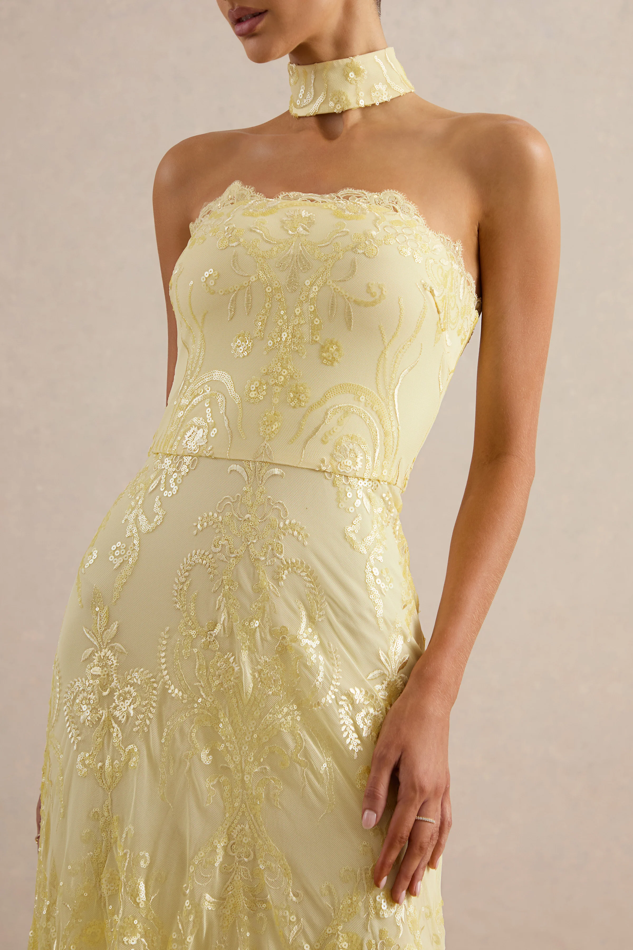 Galathea | Yellow Lace Bandeau-Neck Midi Dress With Collar Detail - Image 4