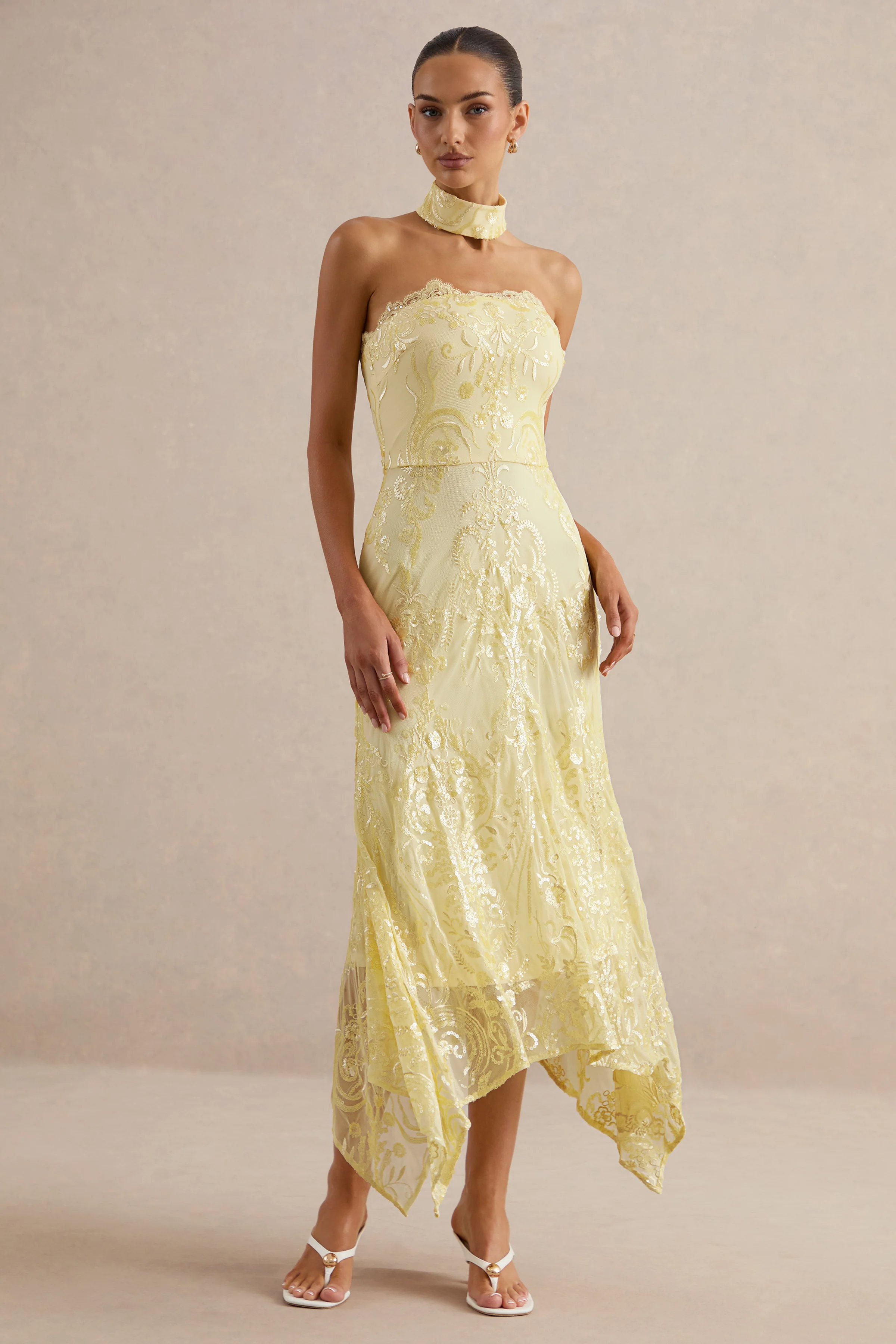 Galathea | Yellow Lace Bandeau-Neck Midi Dress With Collar Detail - Image 5