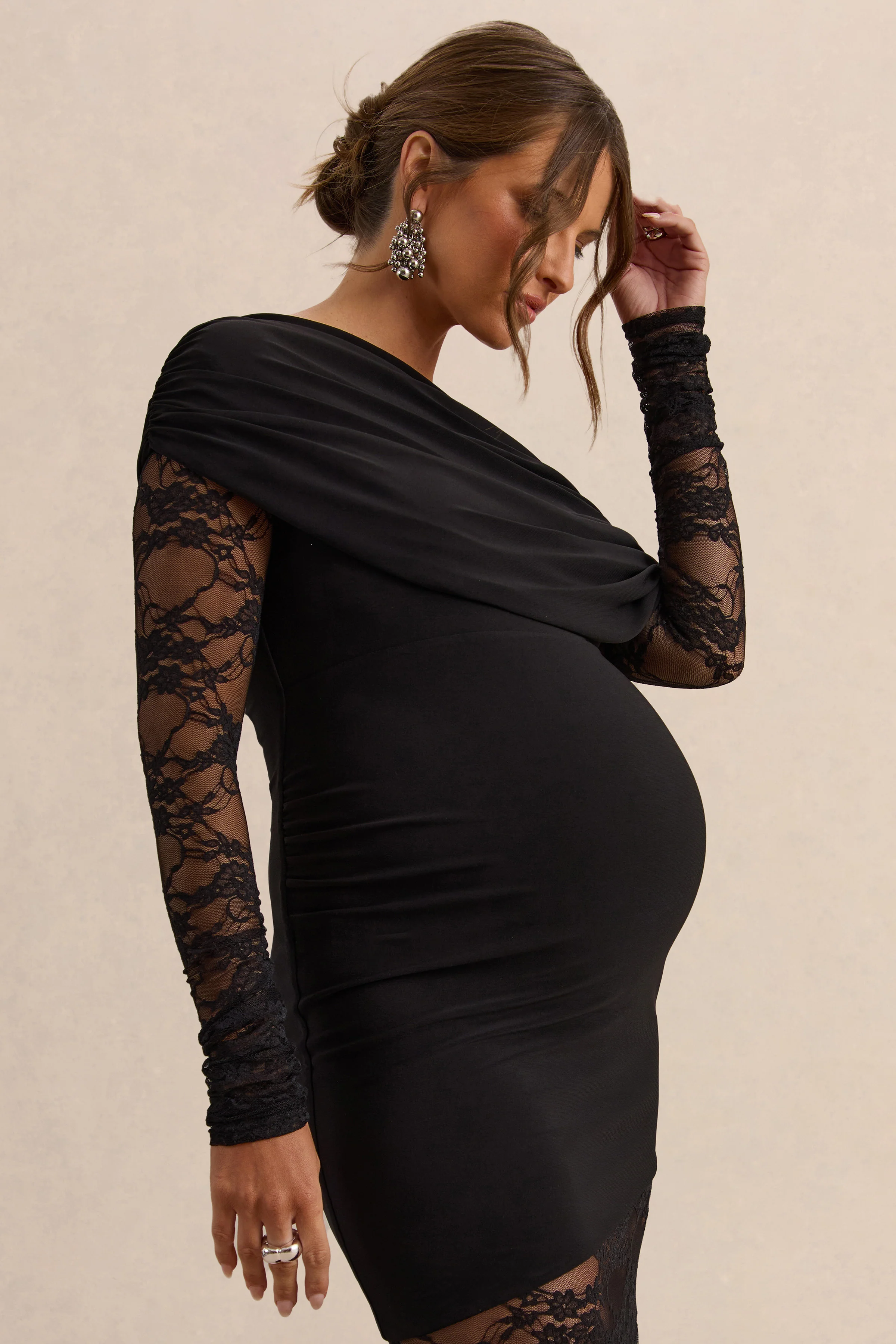 Giuliana | Black Asymmetric-Neck Maternity Maxi Dress With Lace Detailing - Image 3