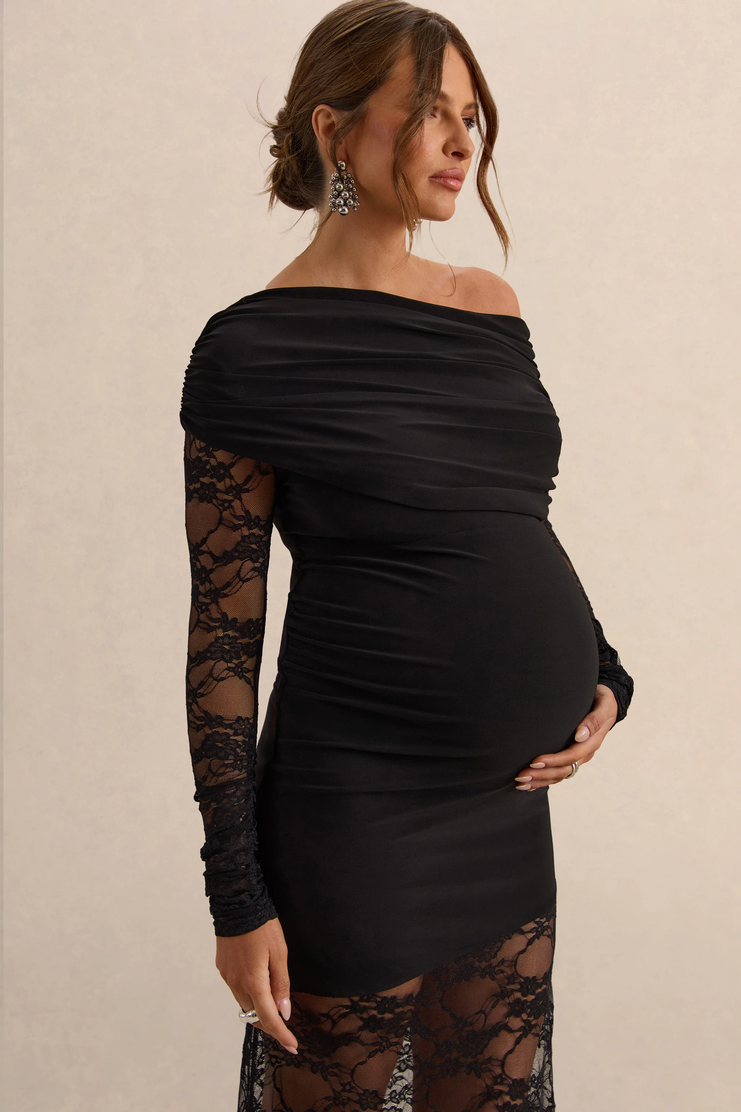 Giuliana | Black Asymmetric-Neck Maternity Maxi Dress With Lace Detailing - Image 4