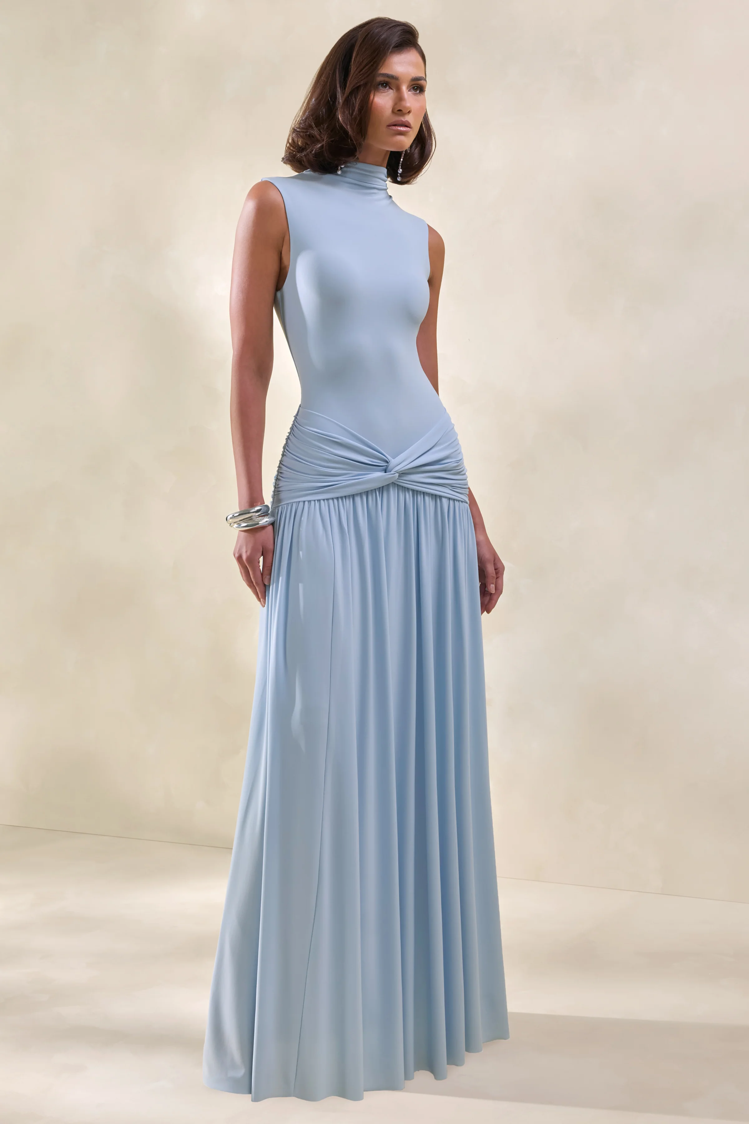 Glimora | Powder Blue High-Neck Maxi Dress With Ruched-Detailing - Image 4