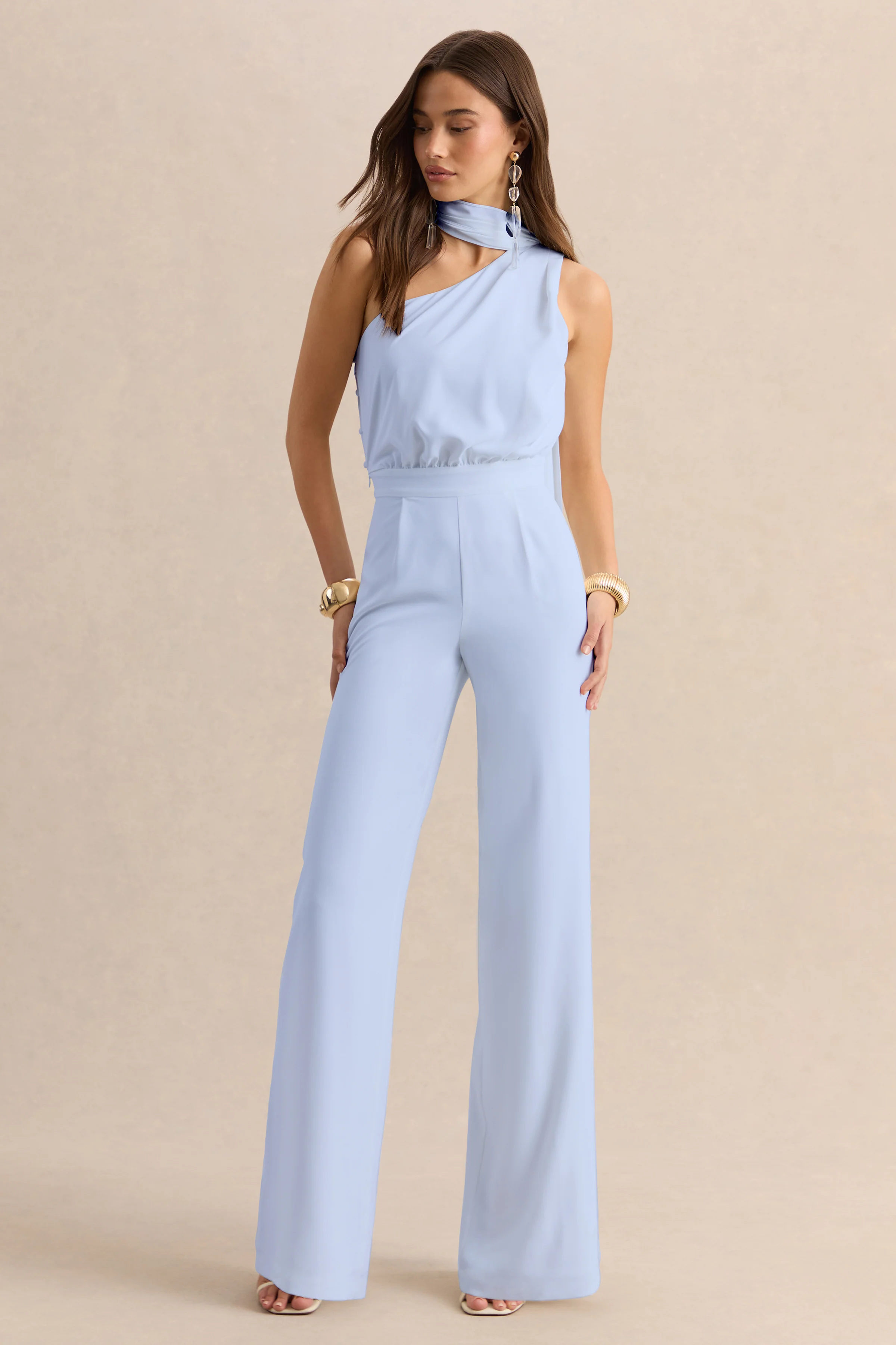 Gliselle | Powder Blue Asymmetric-Neck Jumpsuit With Scarf-Detail - Image 6
