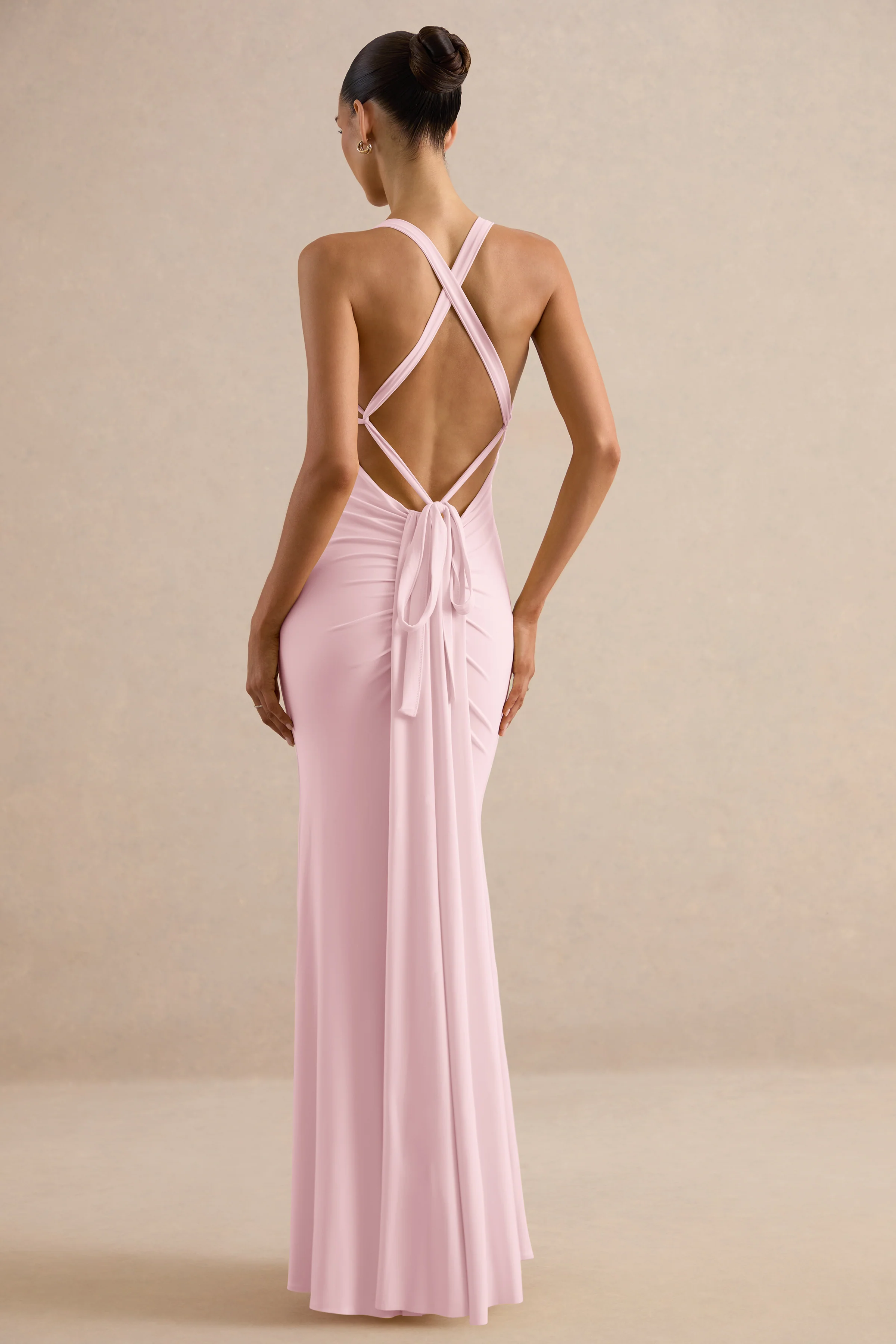 Goldiea | Light Pink Halter-Neck Fishtail Maxi Dress