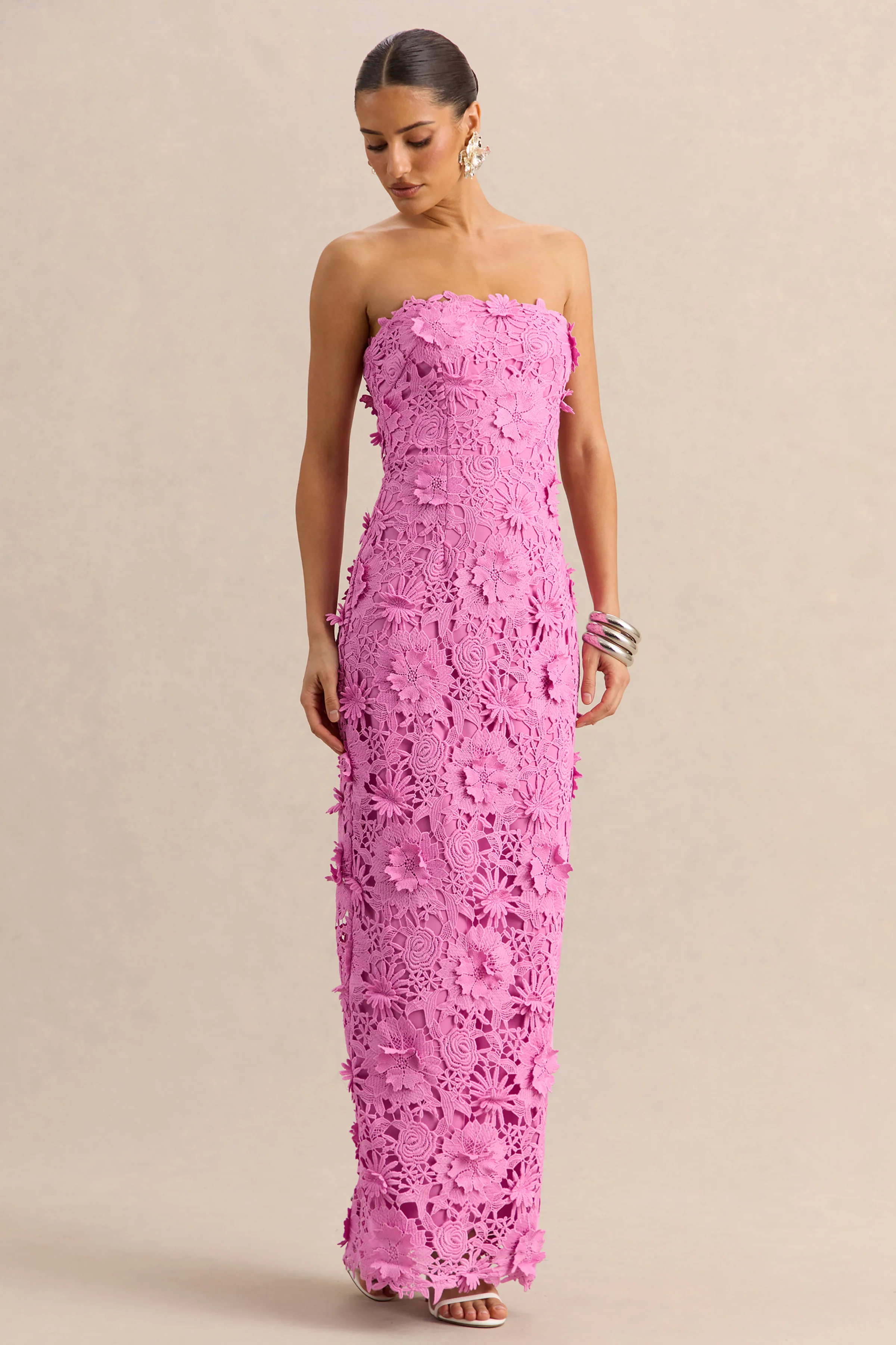 Gracie | Pink Lace Bandeau Maxi Dress - Image 5