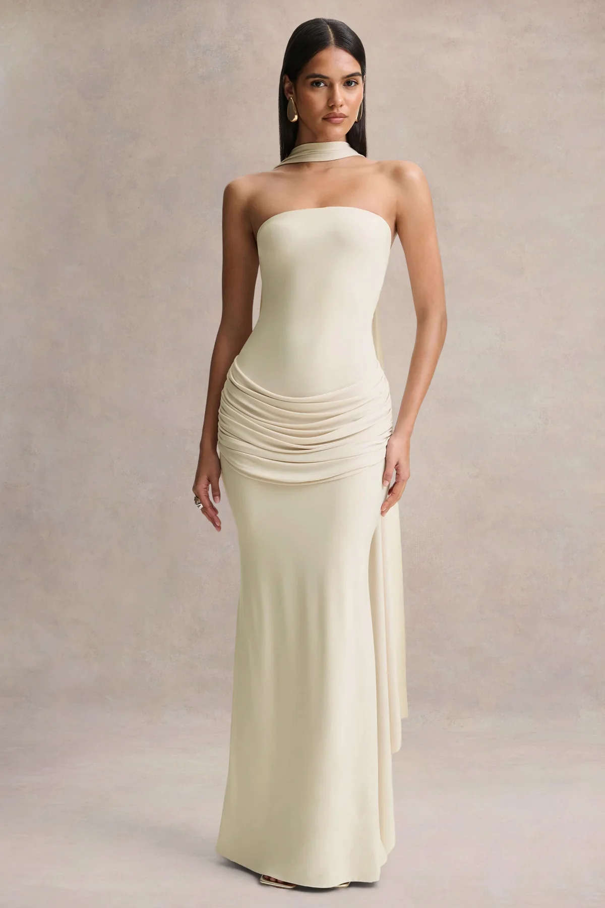 Graciella | Cream Bandeau Maxi Dress With Draped Detailing And Scarf - Image 5