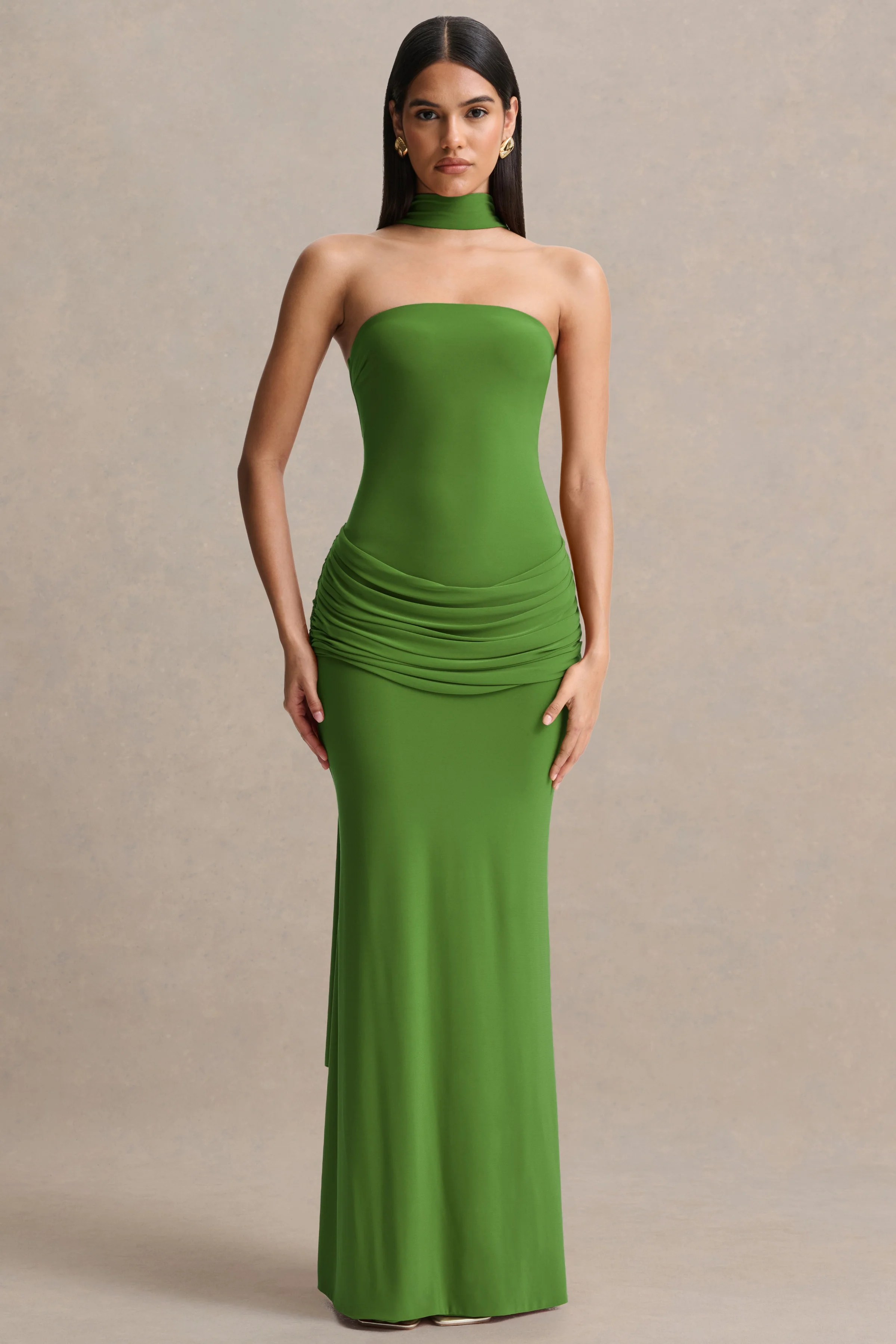 Graciella | Green Bandeau Maxi Dress With Draped Detailing And Scarf - Image 6