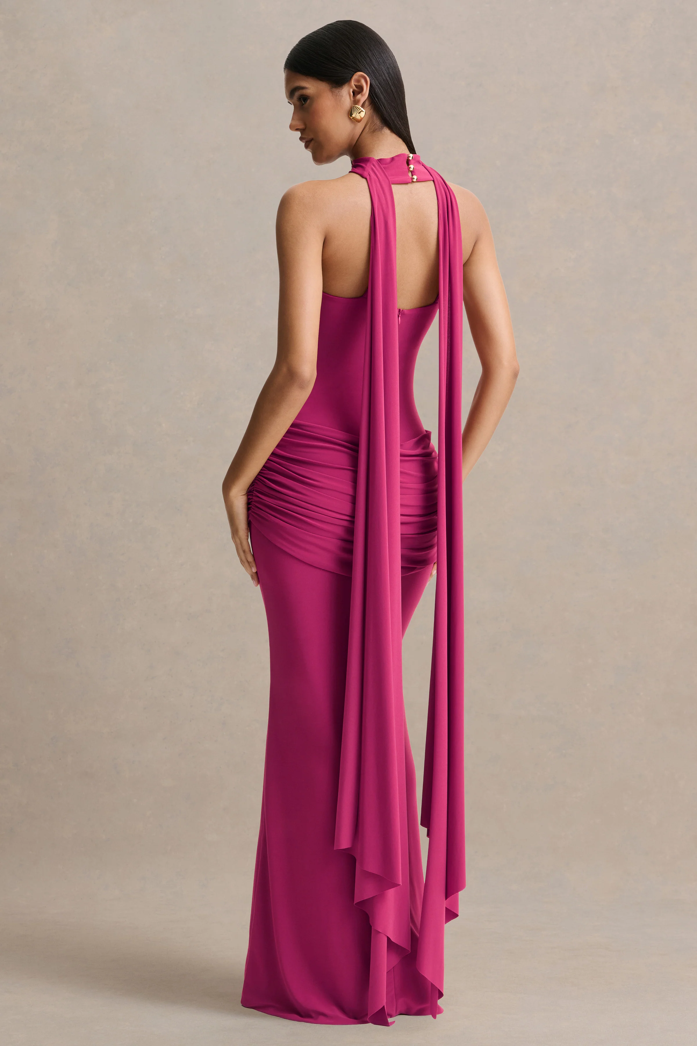 Graciella | Hot Pink Bandeau Maxi Dress With Draped Detailing And Scarf - Image 2