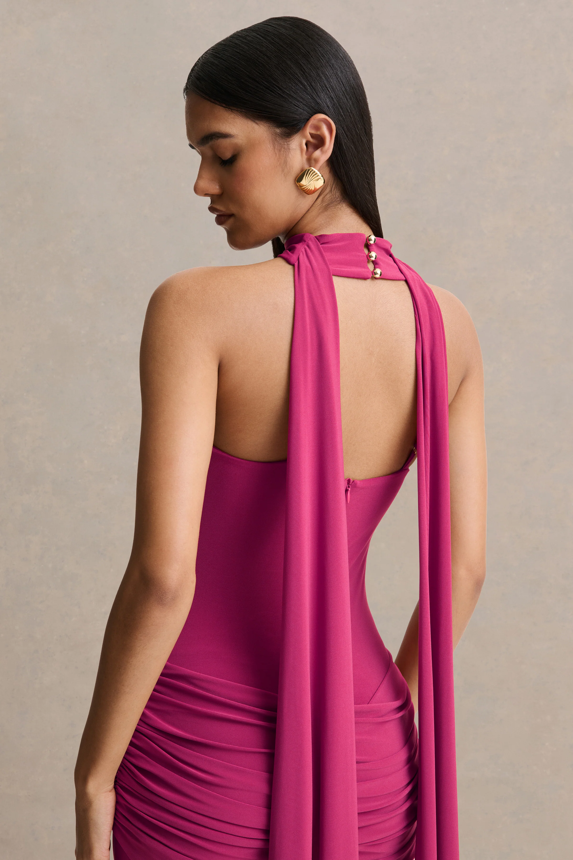 Graciella | Hot Pink Bandeau Maxi Dress With Draped Detailing And Scarf - Image 4