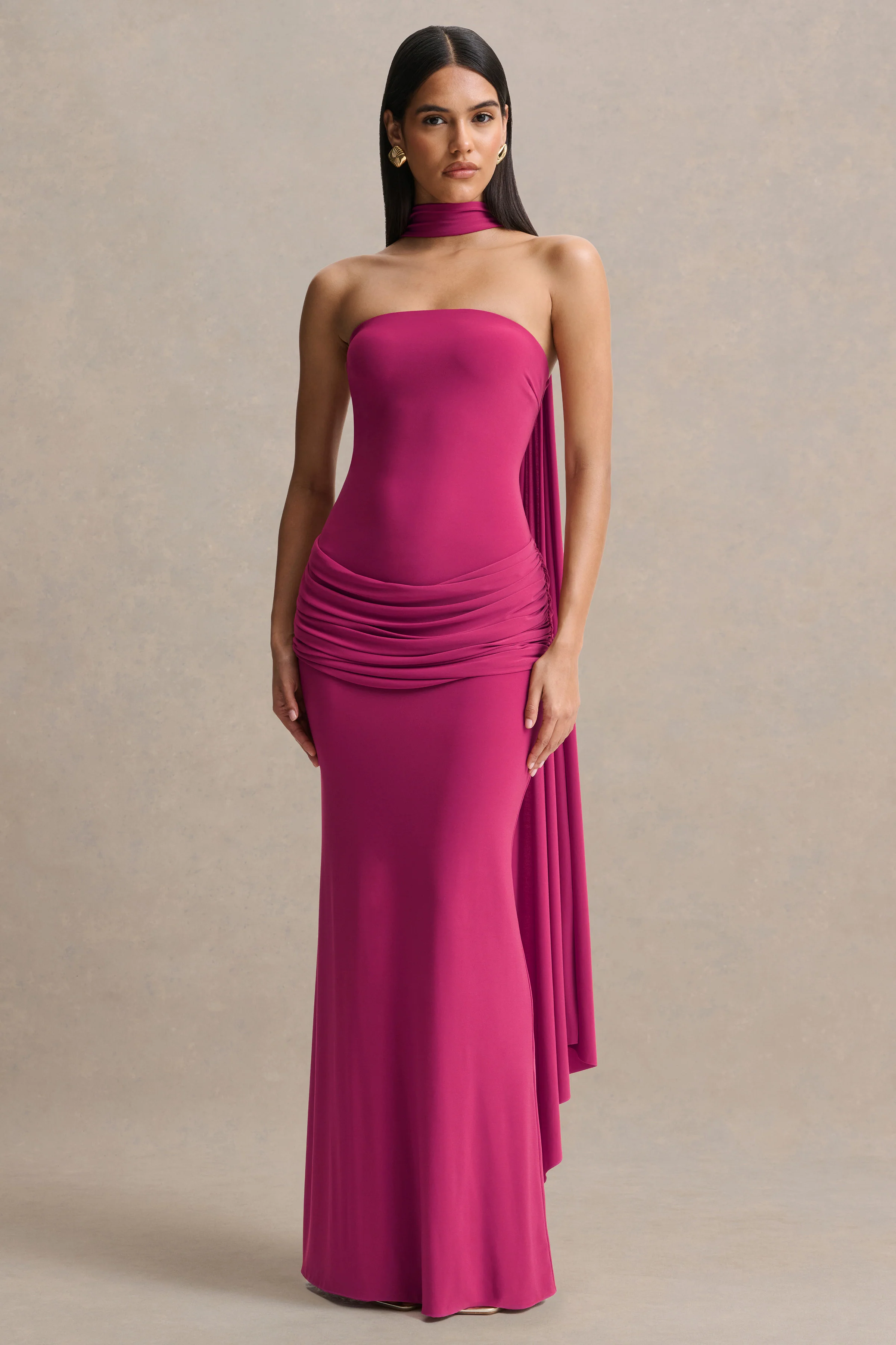 Graciella | Hot Pink Bandeau Maxi Dress With Draped Detailing And Scarf - Image 5