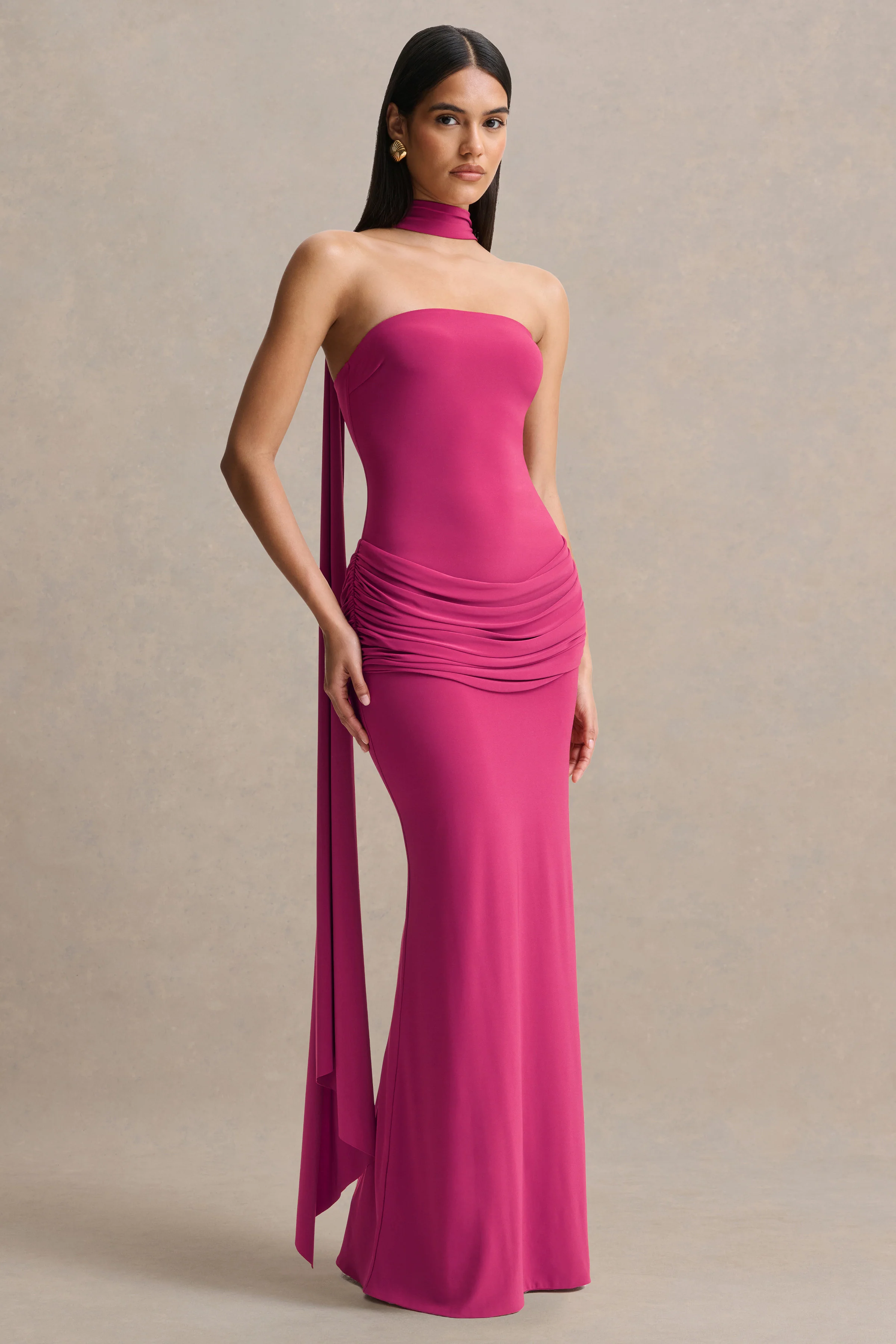 Graciella | Hot Pink Bandeau Maxi Dress With Draped Detailing And Scarf - Image 6