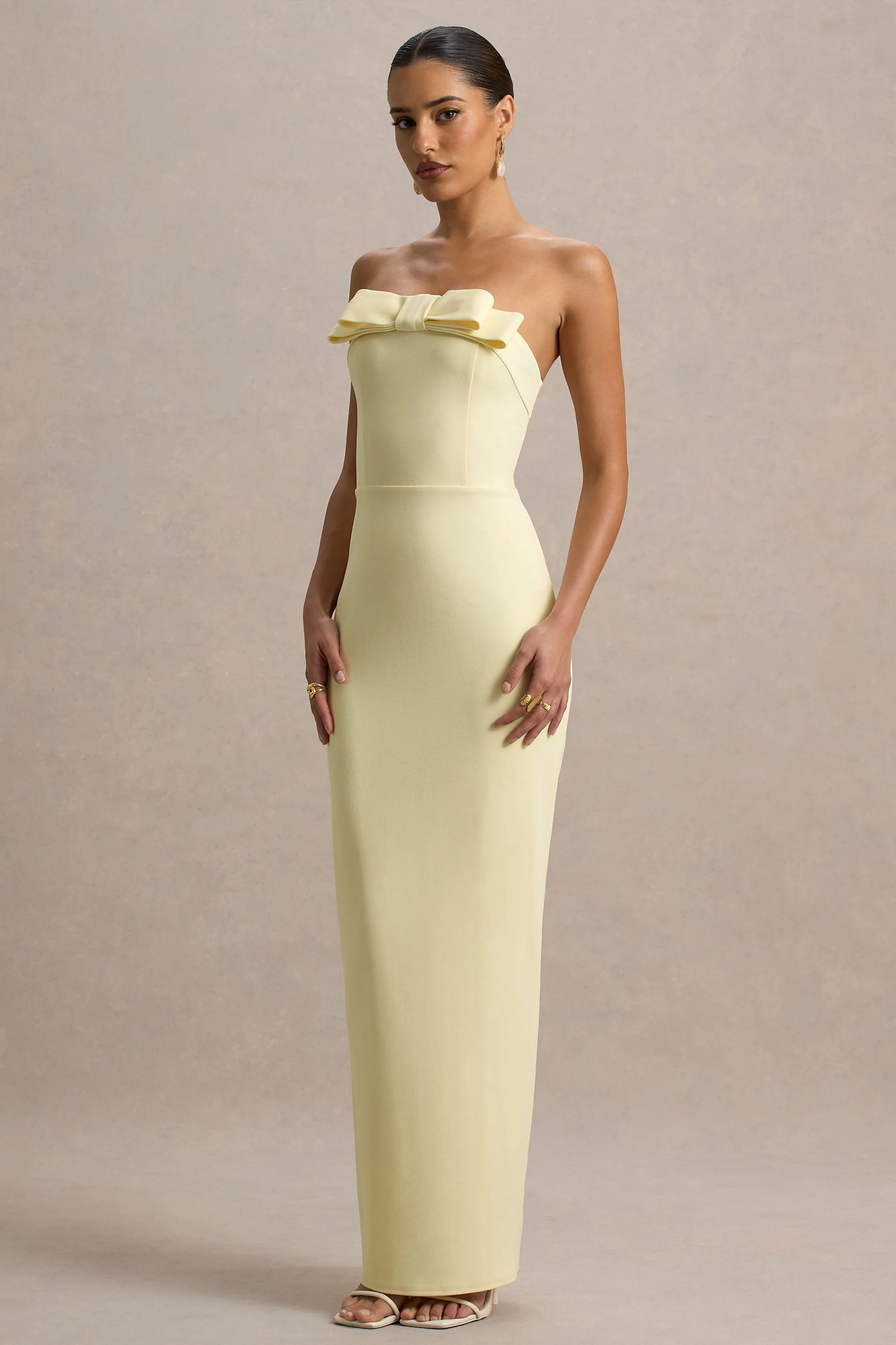Hallie | Lemon Bandeau Maxi Dress With Bow Detail - Image 5