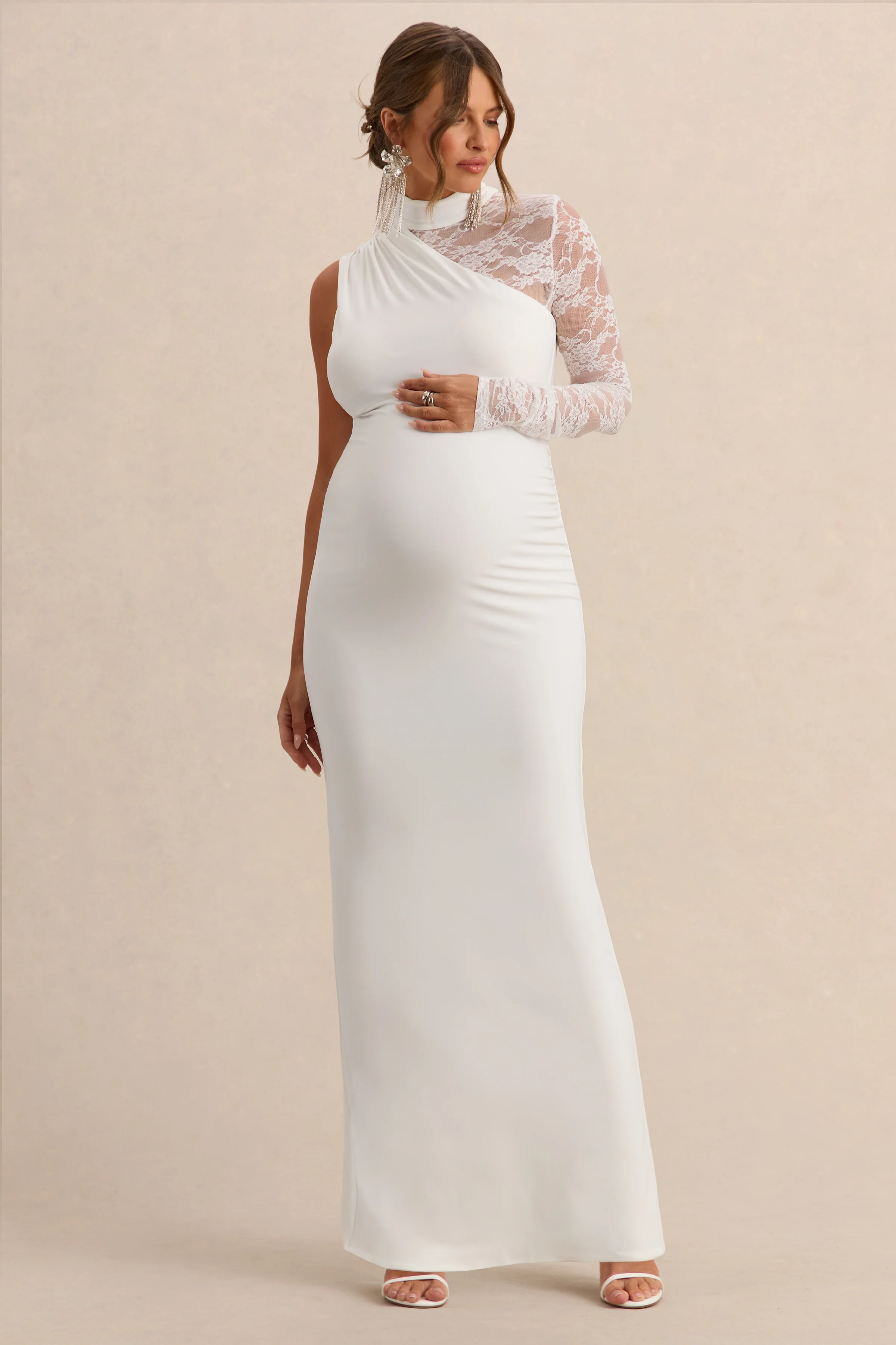 Hartley | White High-Neck Maternity Maxi Dress With Lace Detailing - Image 4
