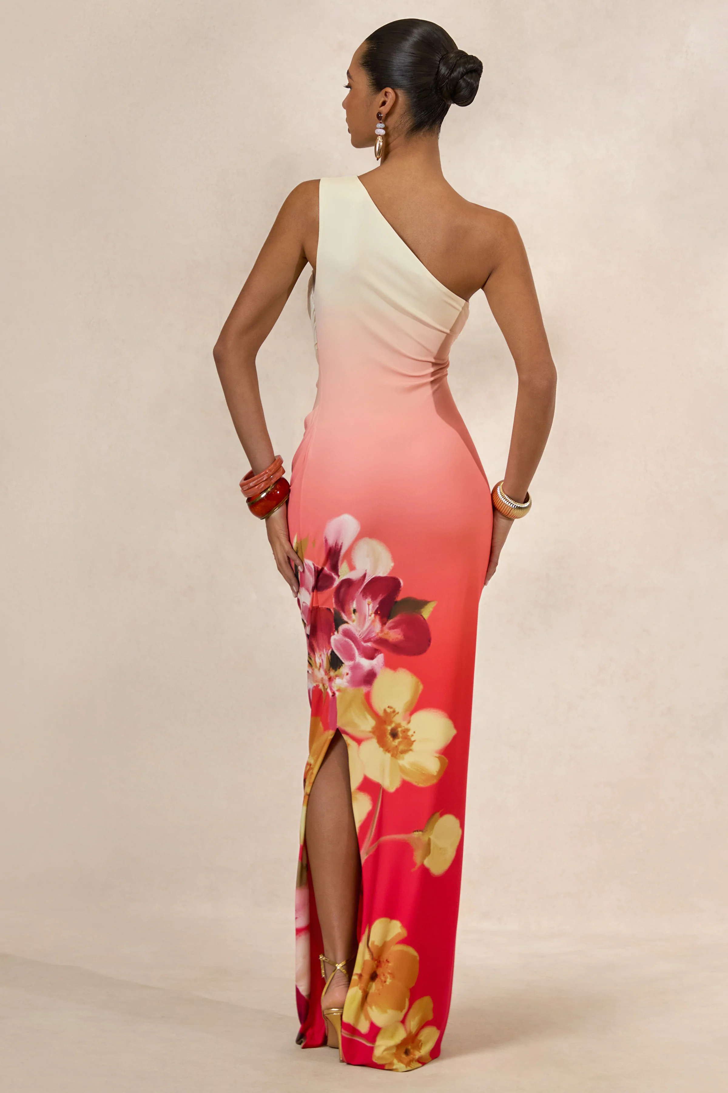 Hazel | Orange And Pink Floral Print Asymmetric-Neck Maxi Dress - Image 2