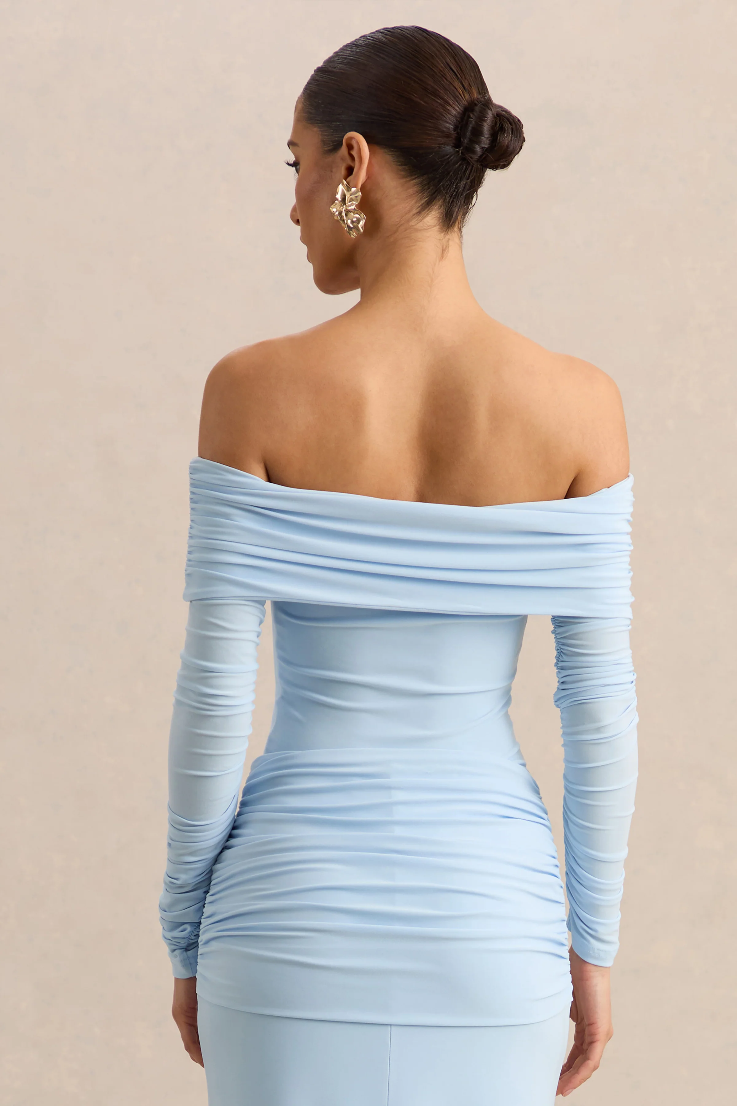 Helia | Blue Bardot Neck Thong Bodysuit With Ruched Long Sleeves - Image 2