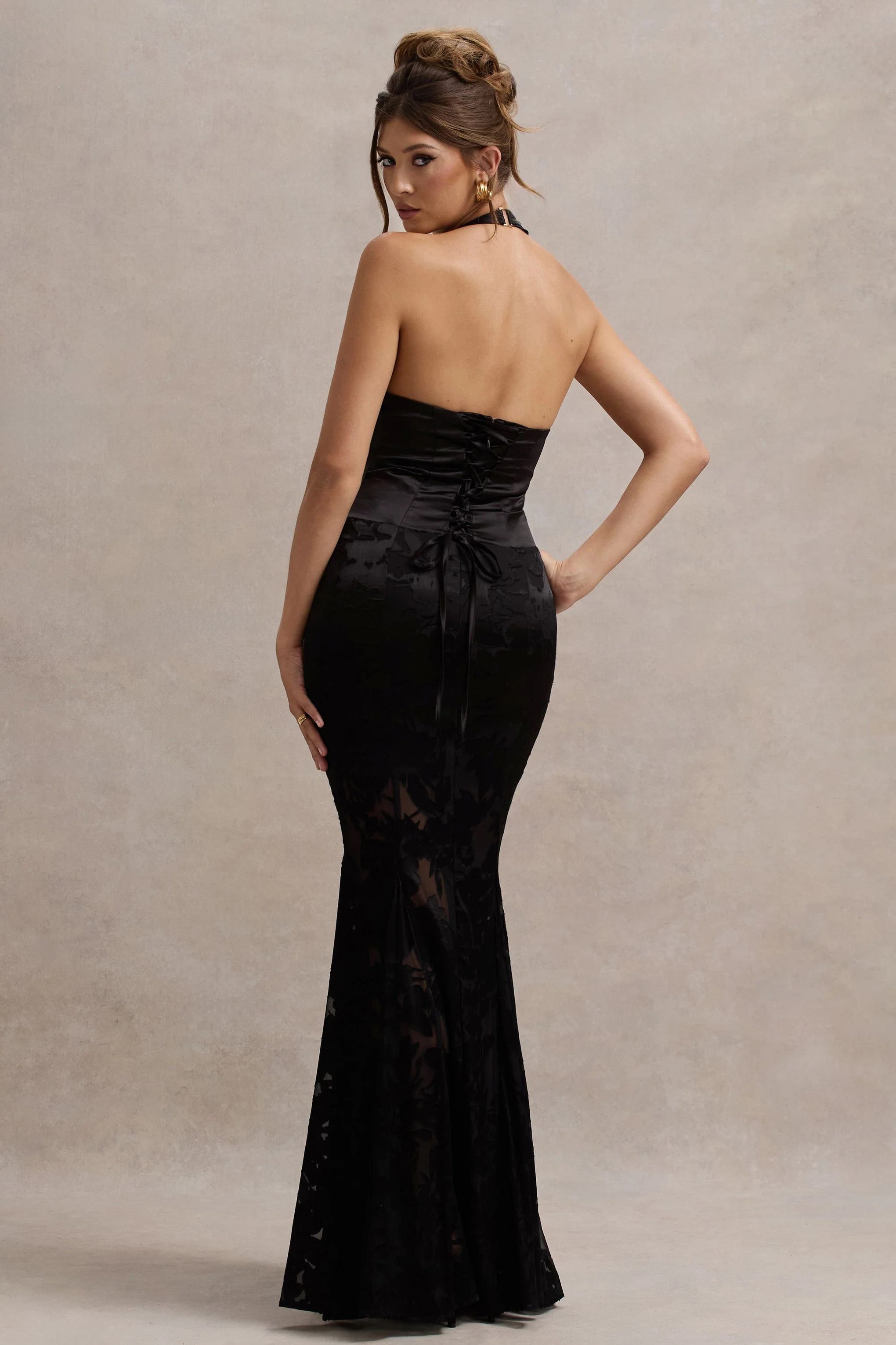 Sunset Tales | Black Satin Devore Plunge-Neck Maxi Dress - Image 2
