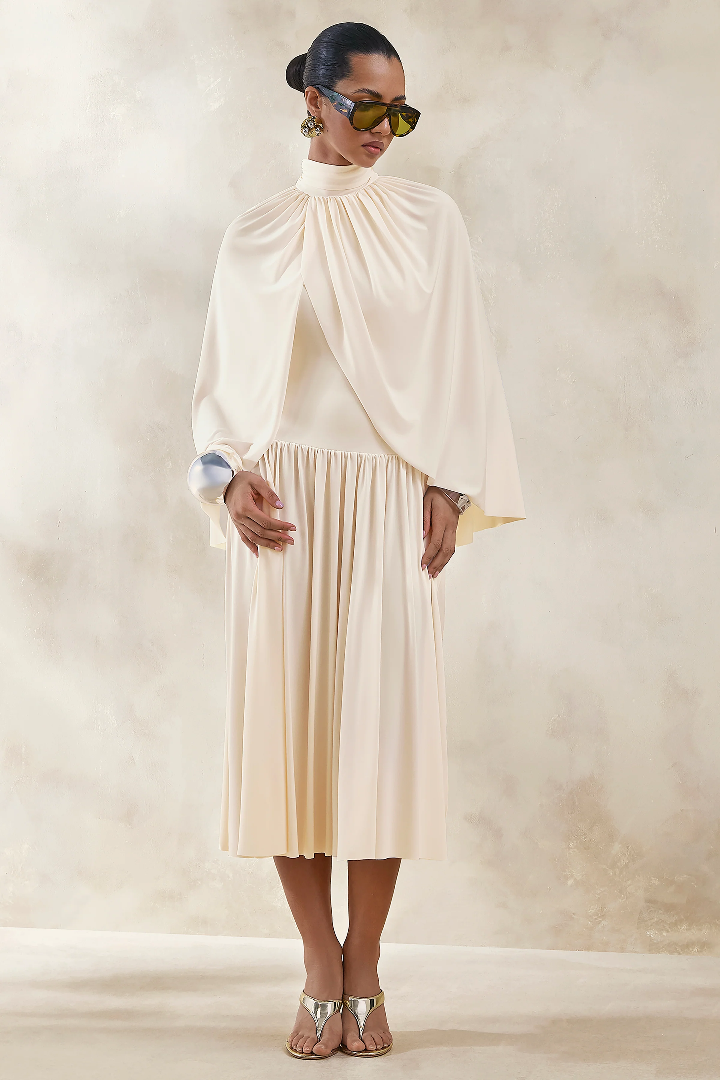 Honora | Cream High-Neck Midi Dress With Cape-Sleeves - Image 4