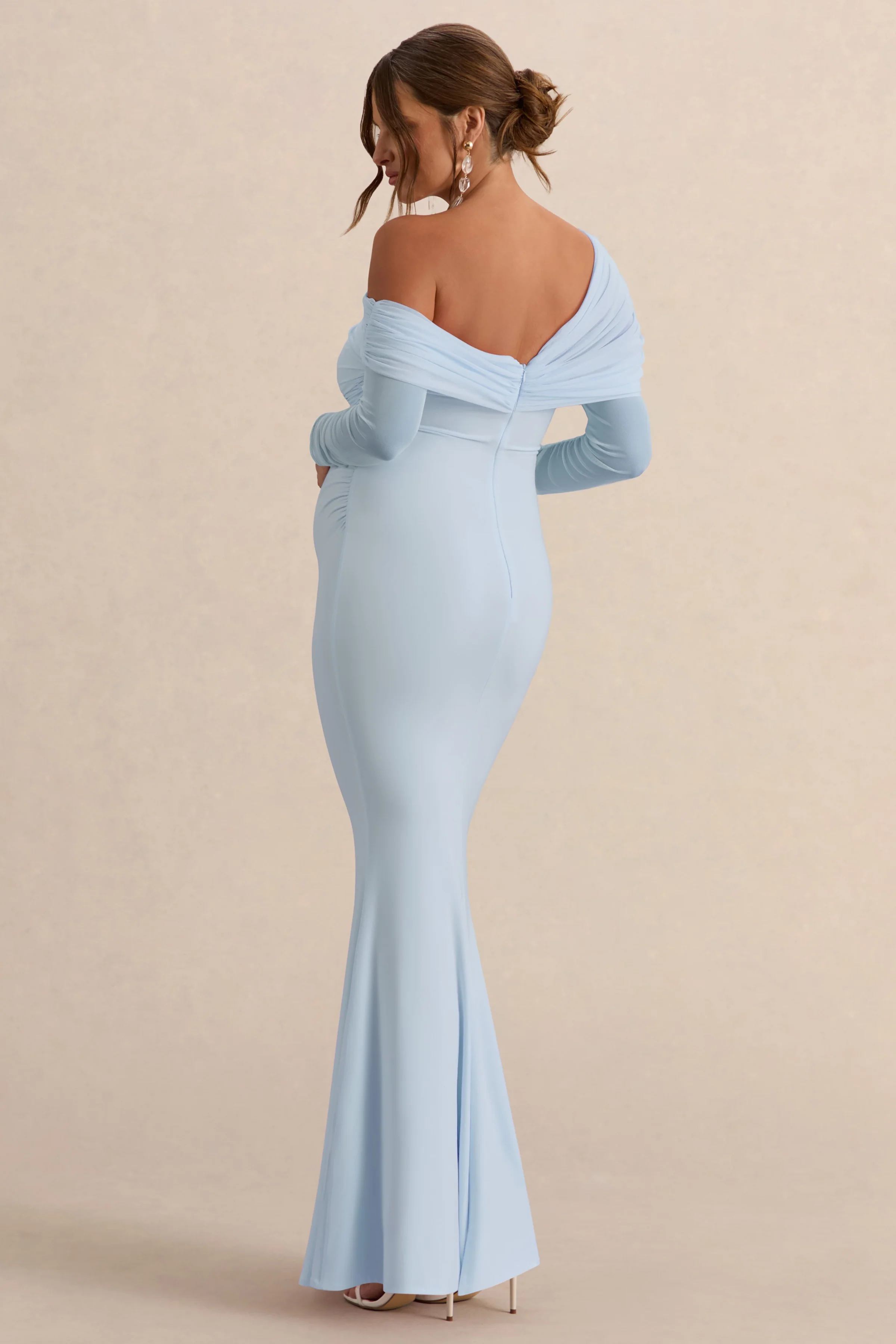 Ianthe | Light Blue Asymmetric-Neck Maternity Maxi Dress With Mesh Long Sleeves - Image 2