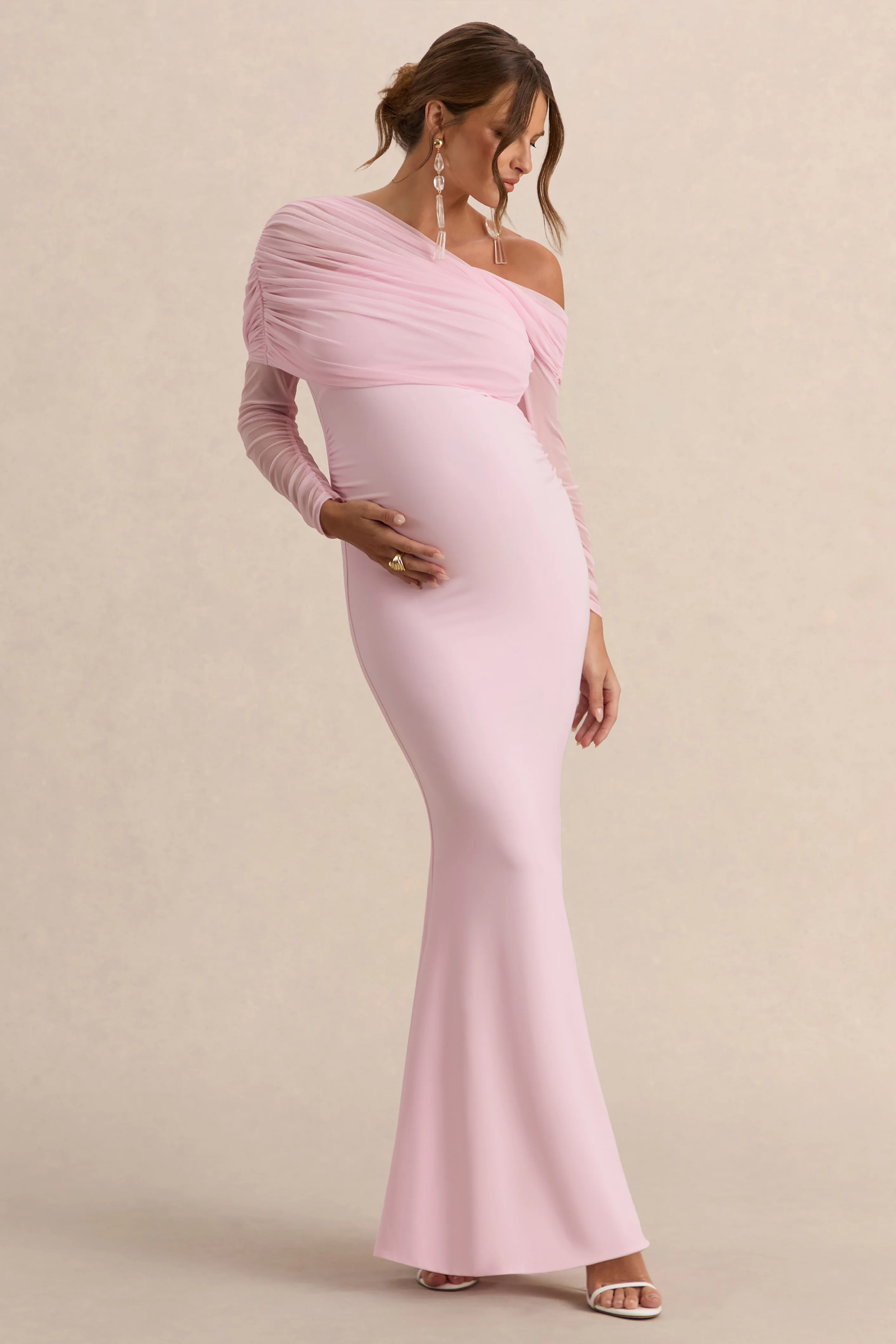 Ianthe | Light Pink Asymmetric-Neck Maternity Maxi Dress With Mesh Long Sleeves