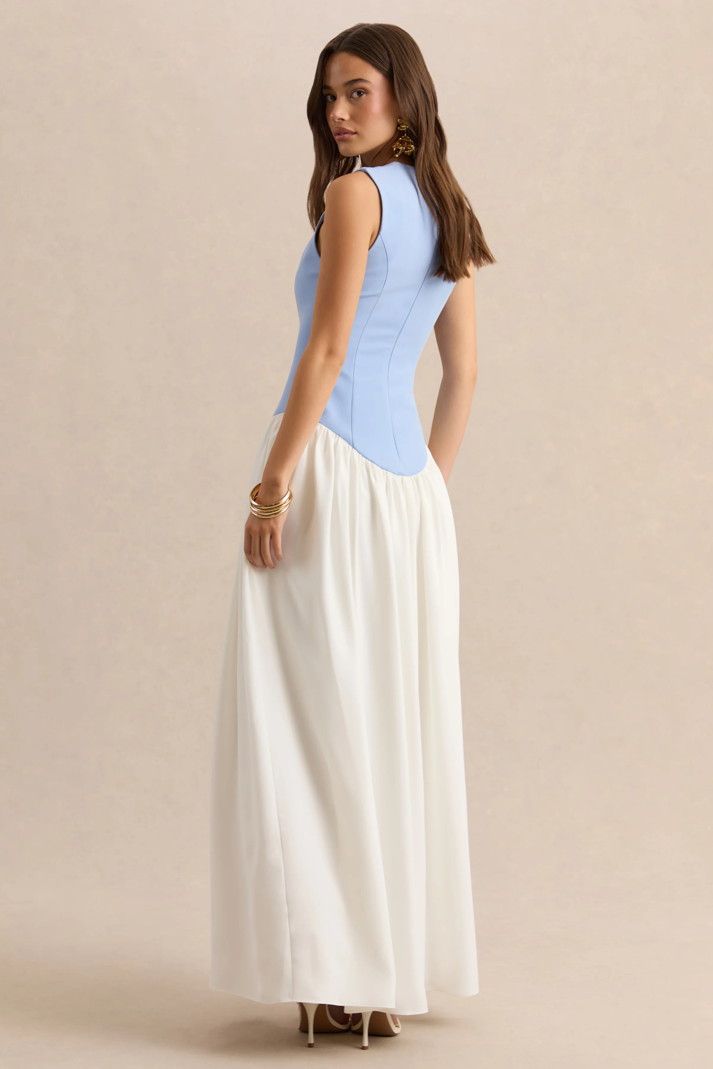 Iliana | Powder Blue And White Crew-Neck Maxi Dress With Drop-Waist And Pleated Skirt - Image 3