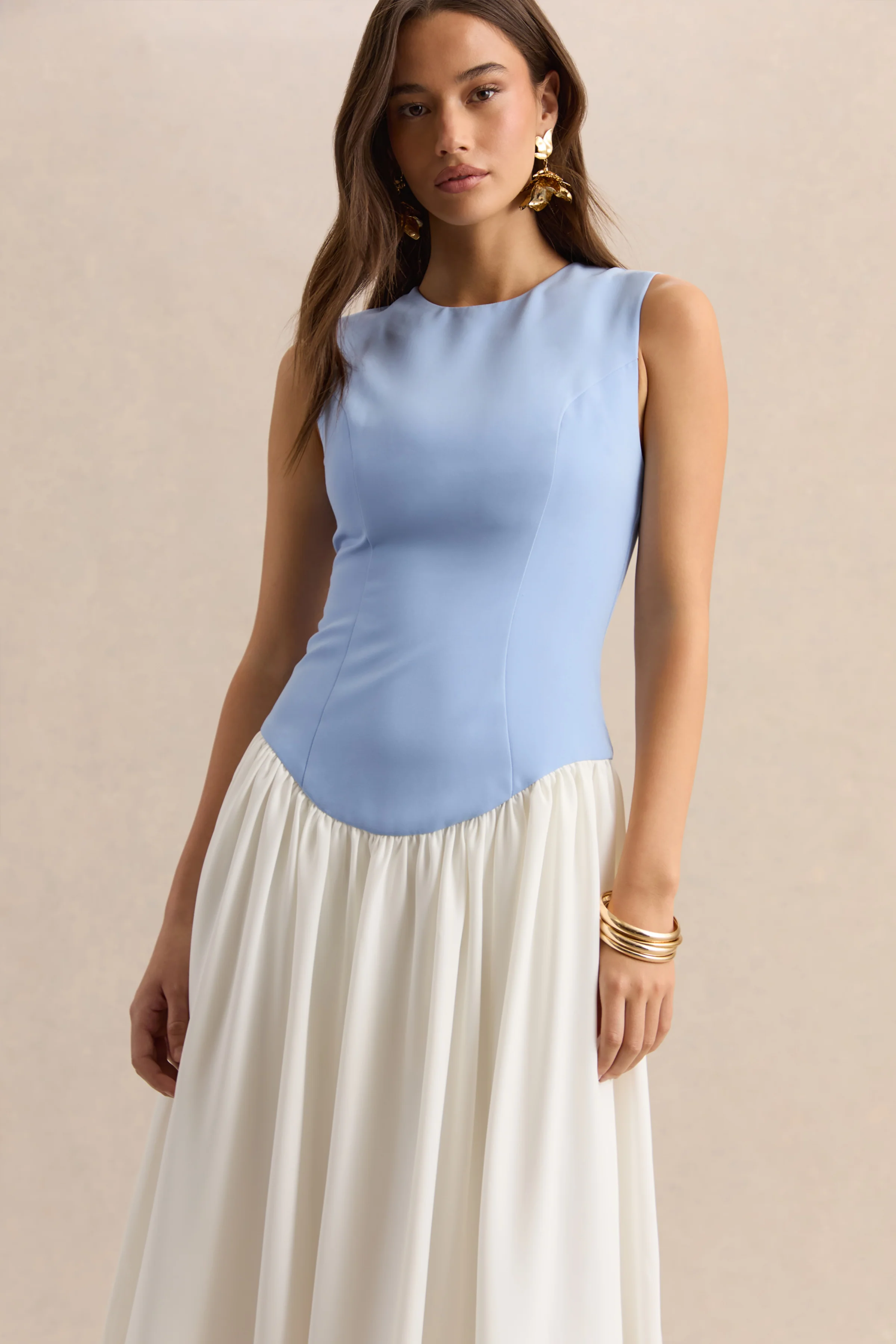 Iliana | Powder Blue And White Crew-Neck Maxi Dress With Drop-Waist And Pleated Skirt - Image 4