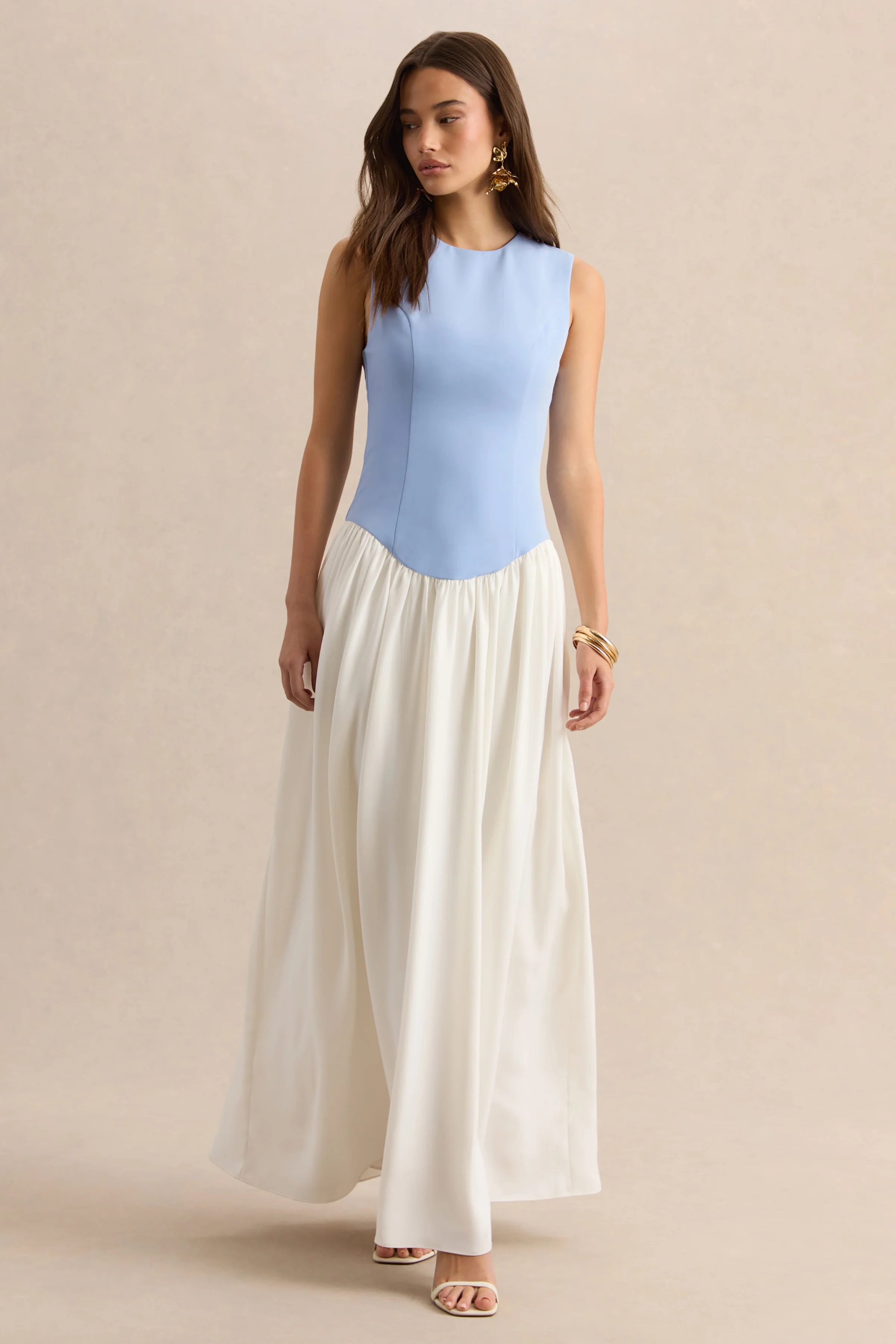 Iliana | Powder Blue And White Crew-Neck Maxi Dress With Drop-Waist And Pleated Skirt - Image 6