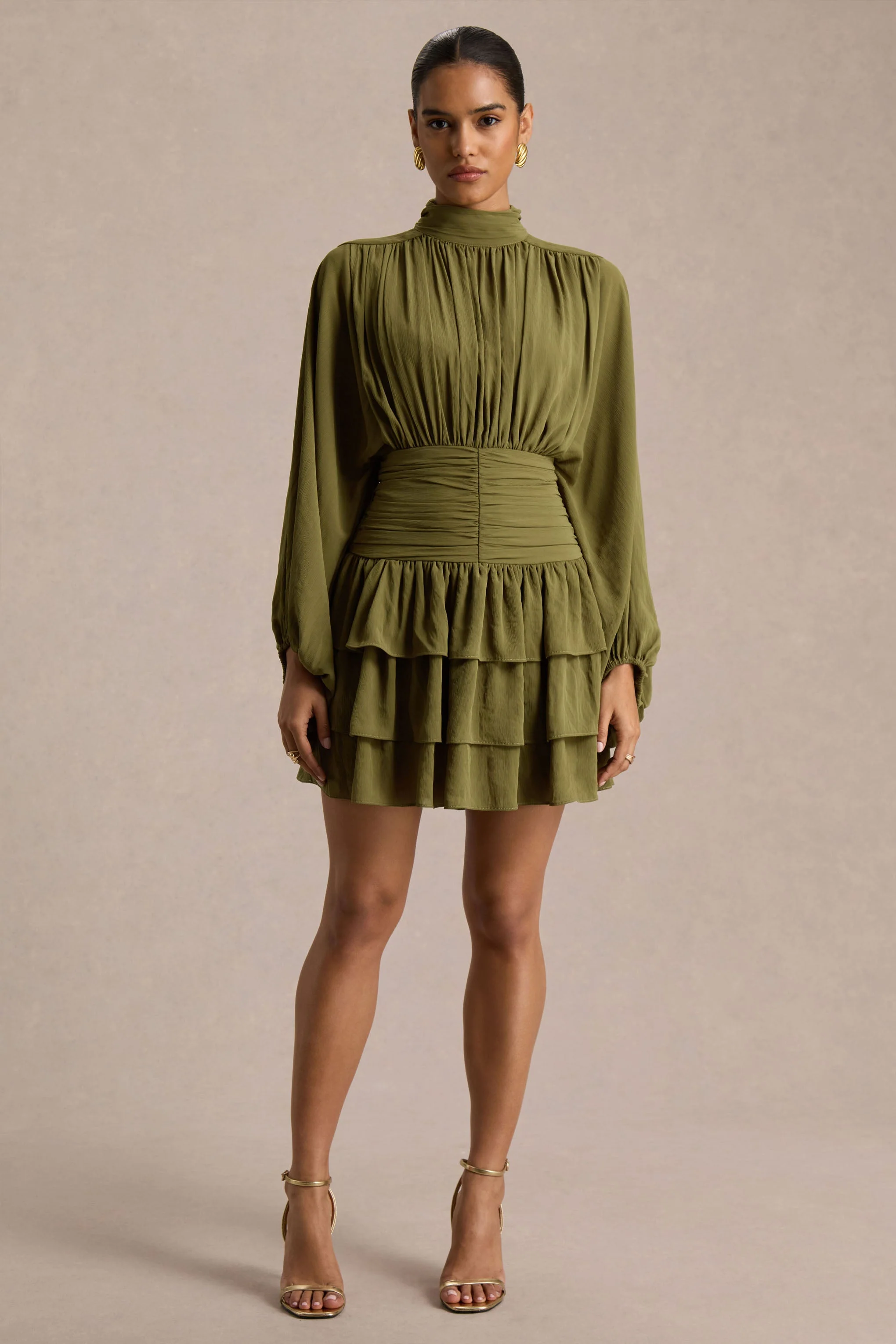 Imma | Olive High-Neck Mini Dress With Ruffled Detailing