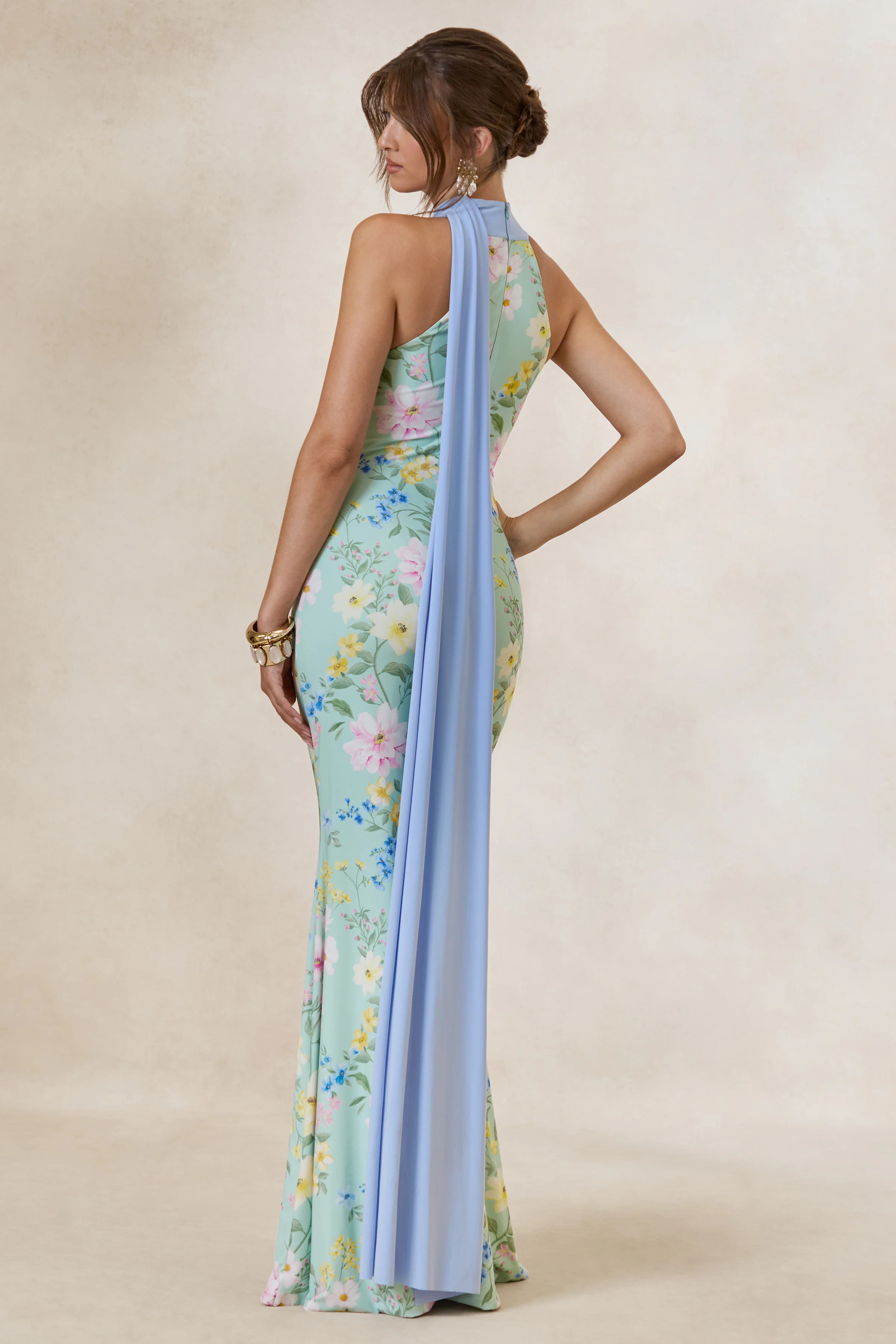 Inarah | Mint Floral Print High-Neck Maxi Dress With Scarf Detail - Image 2