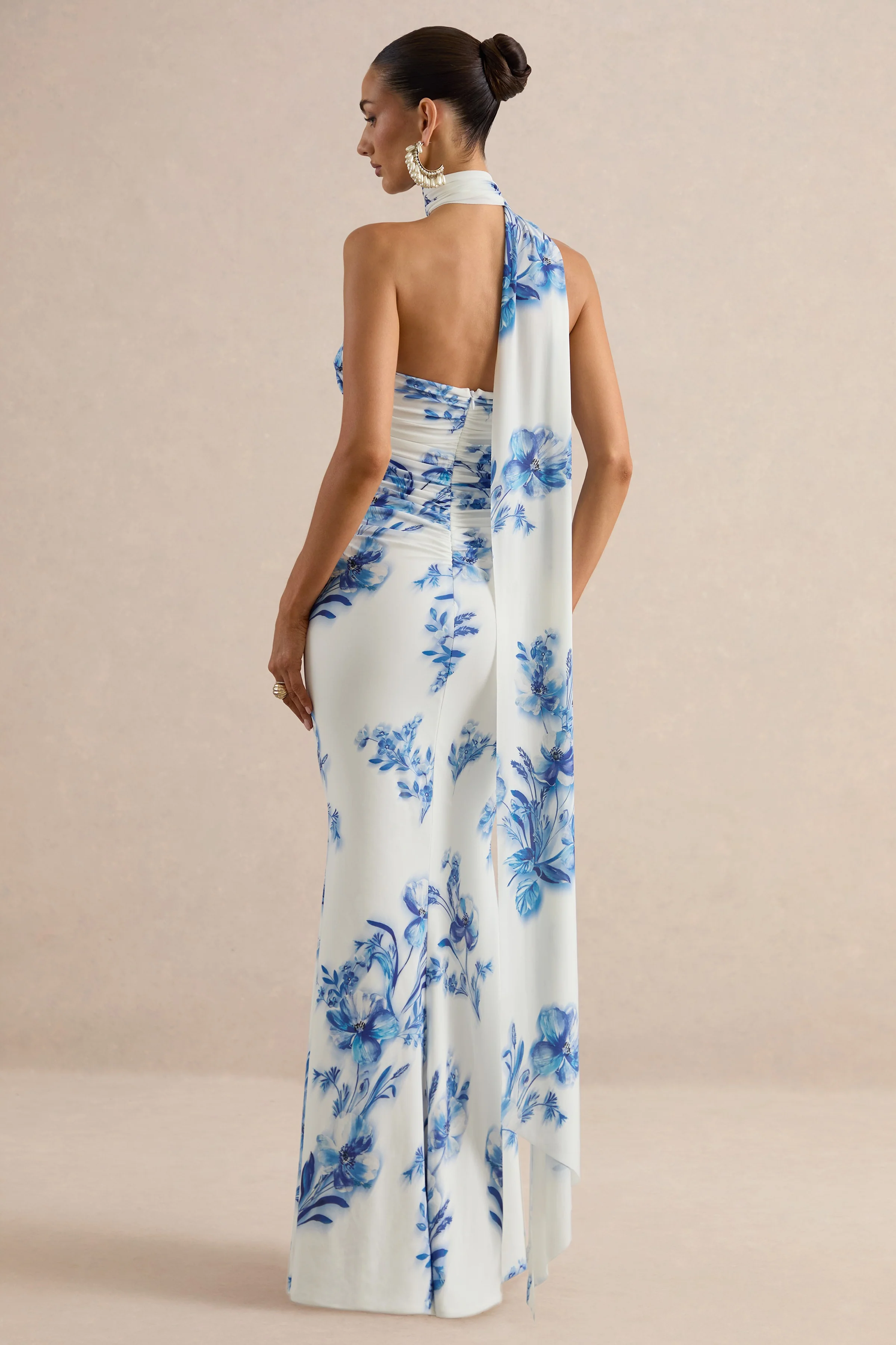 Iraida | Blue Floral Print High-Neck Maxi Dress With Scarf Detail - Image 2
