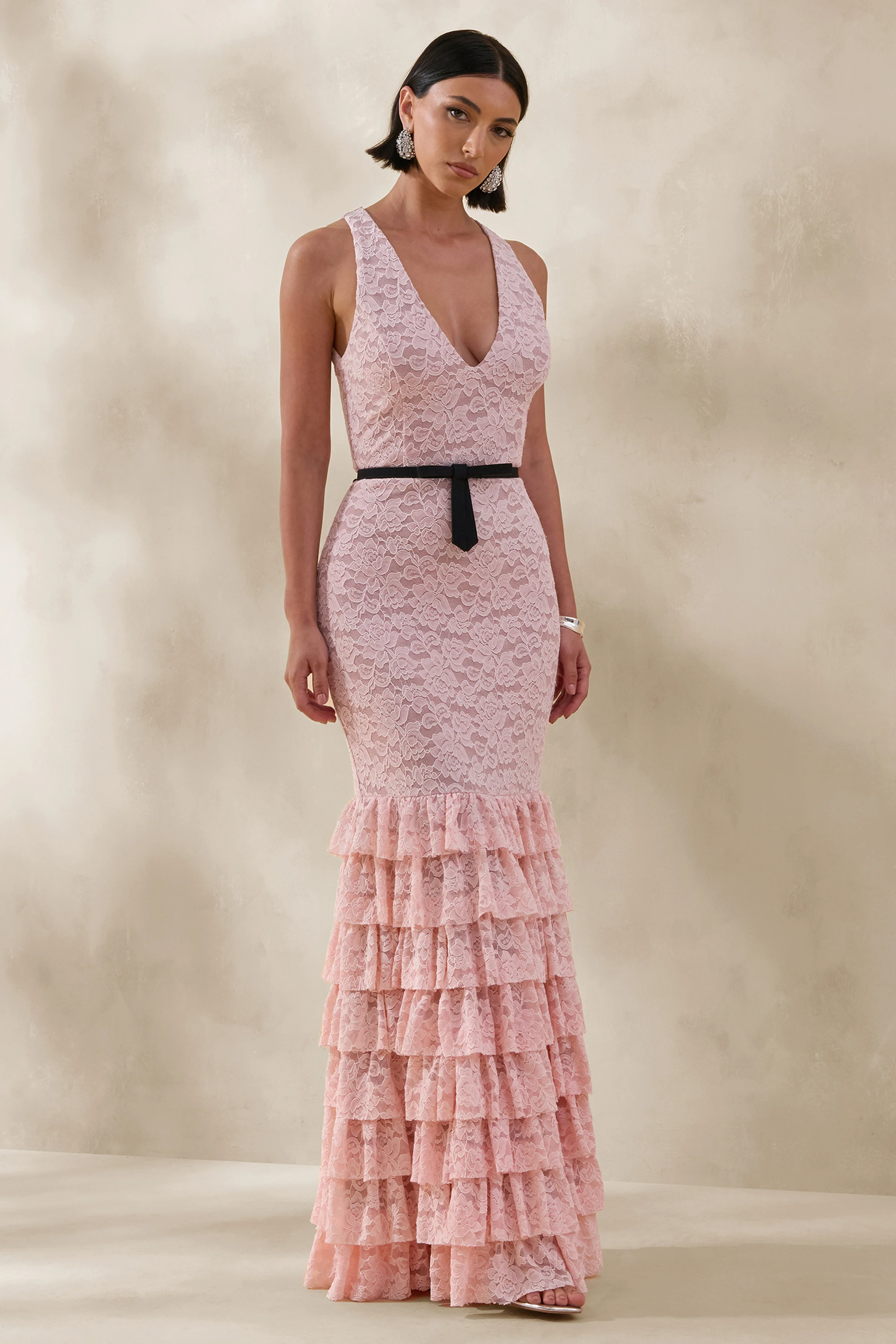 Isoria | Pink And Black Lace Halter-Neck Maxi Dress With Bow-Belt Detail - Image 5