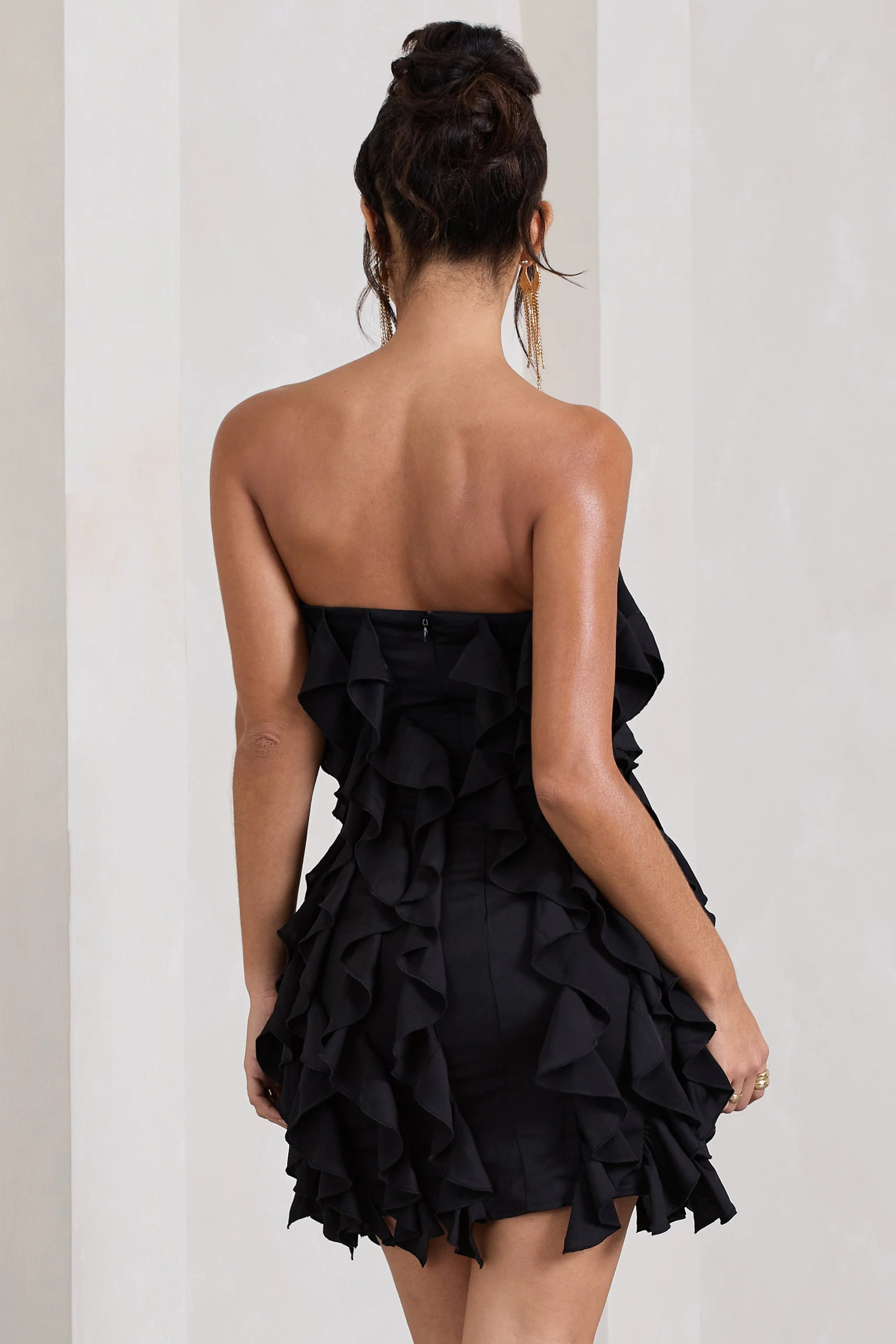 It Girl | Black Bandeau Bodycon Mini Dress With Ruffles - Image 4