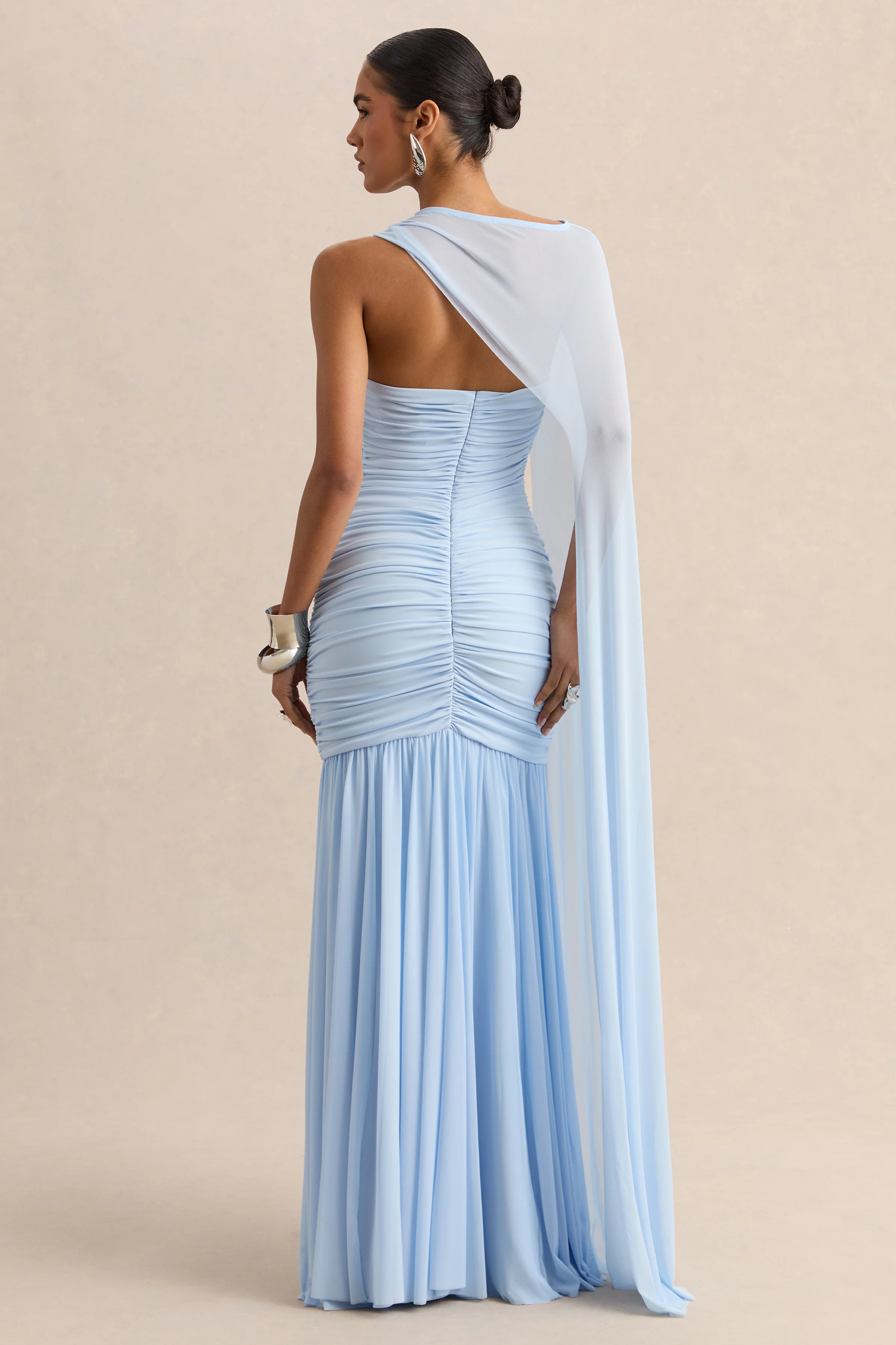 Ivanka | Powder Blue Asymmetric-Neck Maxi Dress With Cape Sleeve - Image 2