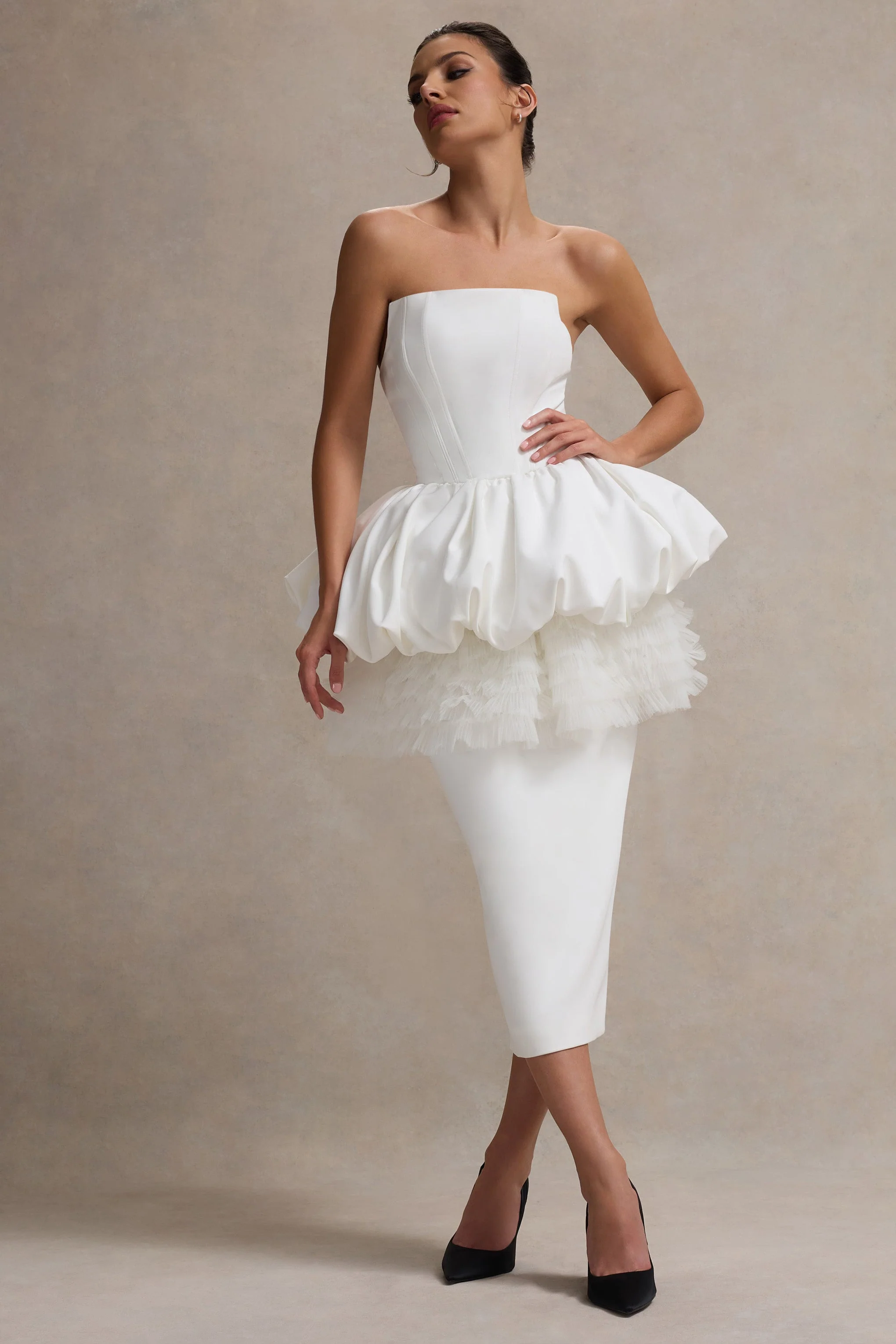 Jones | White Strapless Midi Dress With Tulle Peplum Waist - Image 2