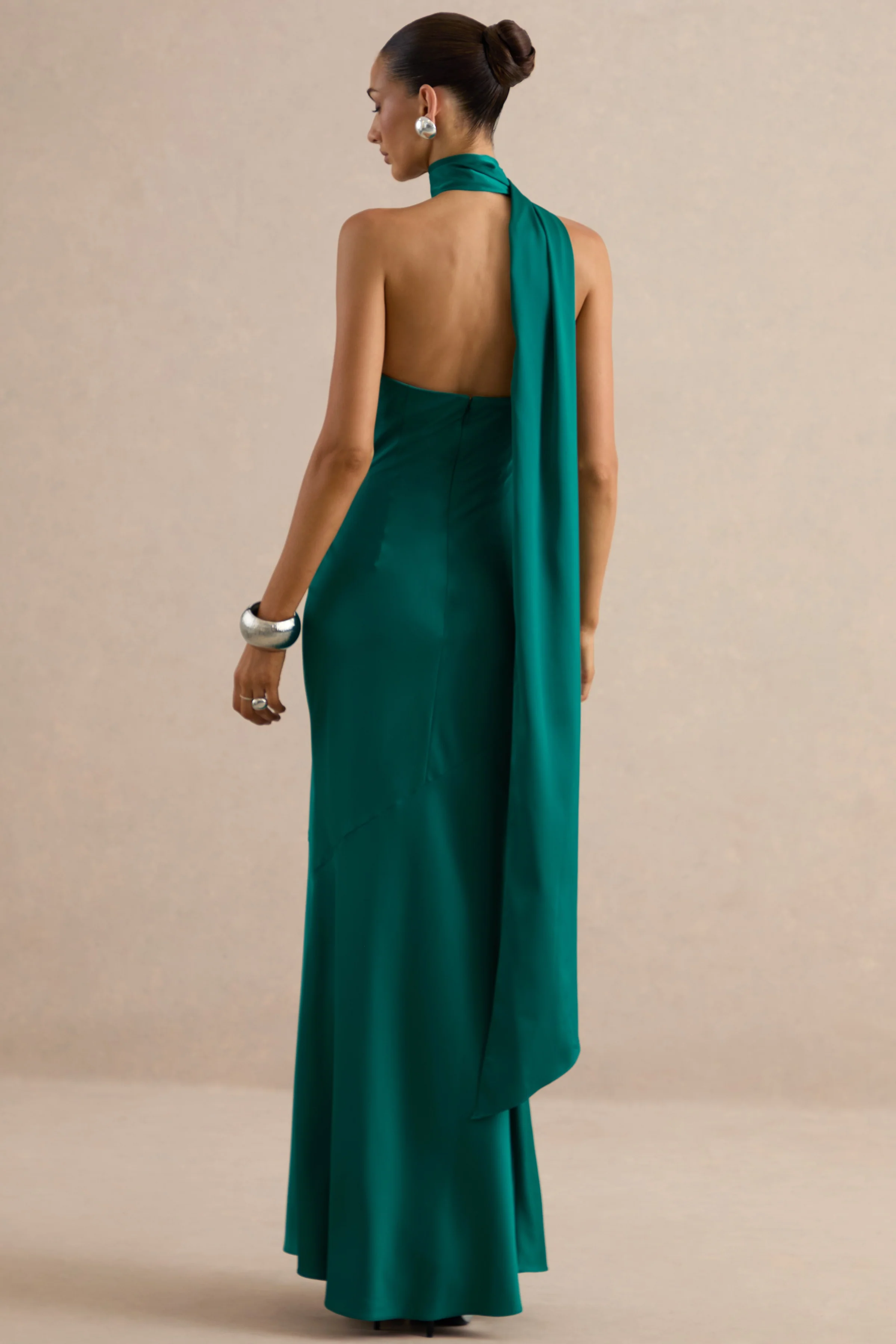 Jorina | Green Satin Asymmetric-Neck Maxi Dress With Scarf Detail - Image 2