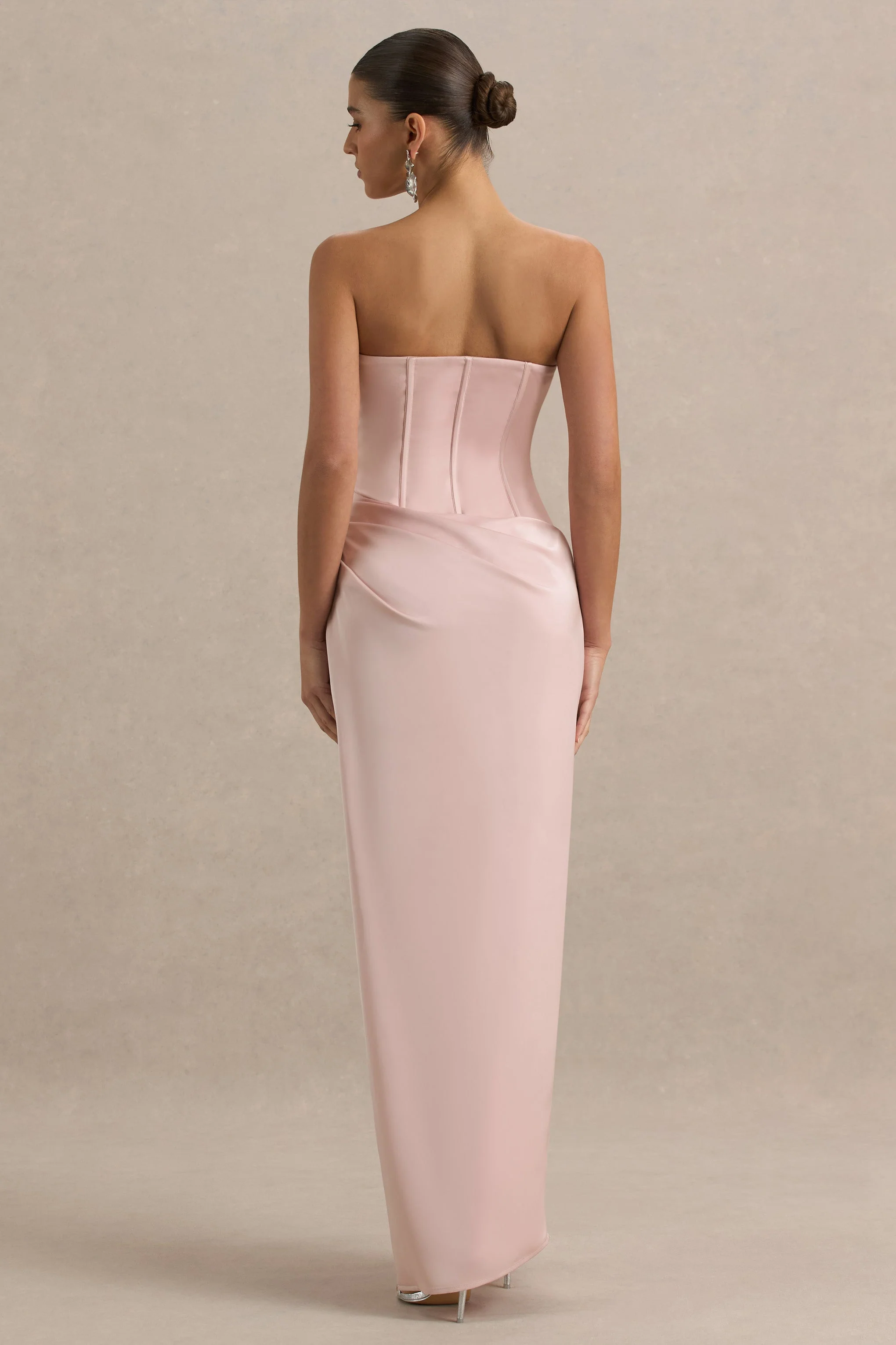 Joseline | Pale Pink Satin Corset Wrap Maxi Dress With Scarf Neck - Image 2