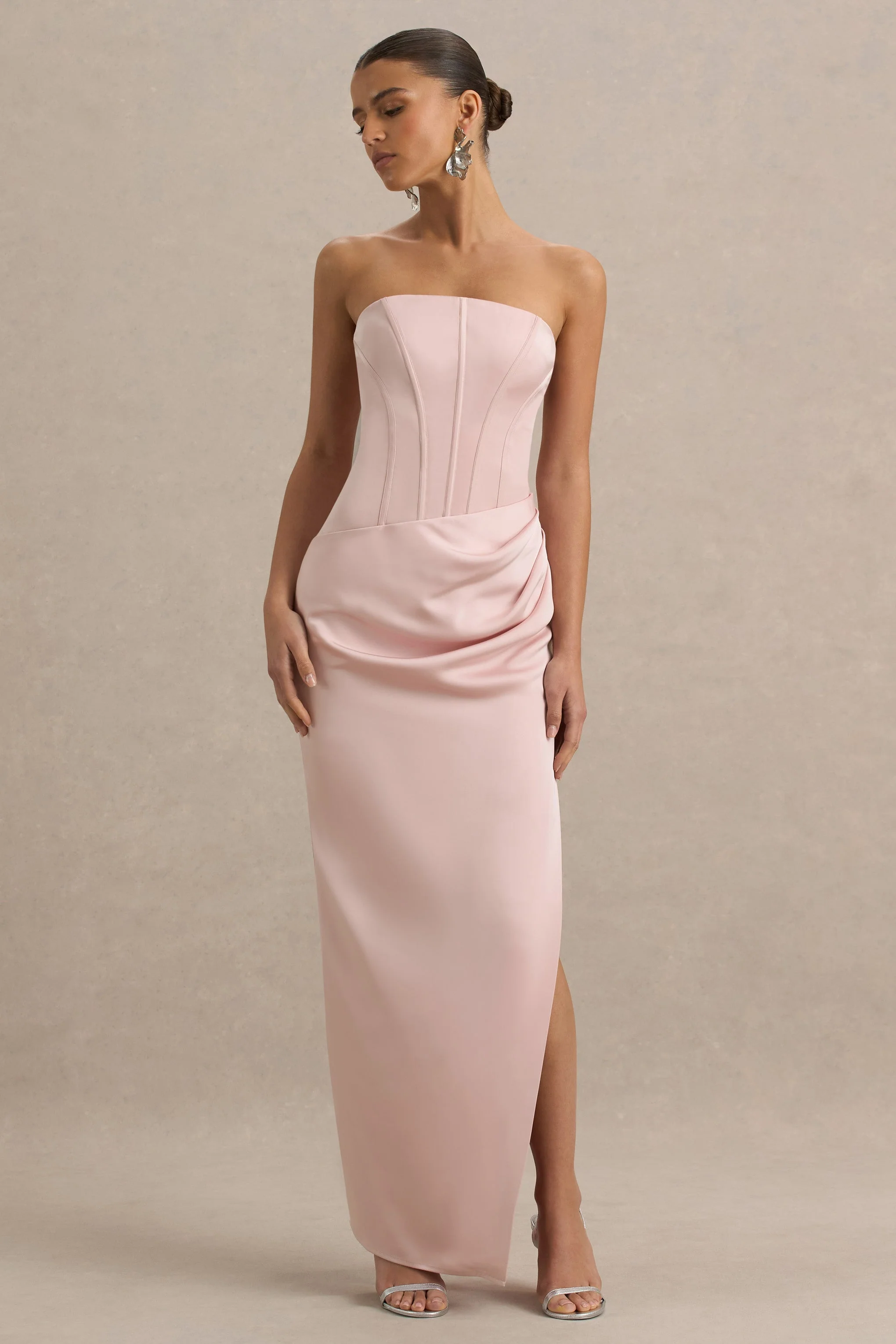 Joseline | Pale Pink Satin Corset Wrap Maxi Dress With Scarf Neck - Image 4