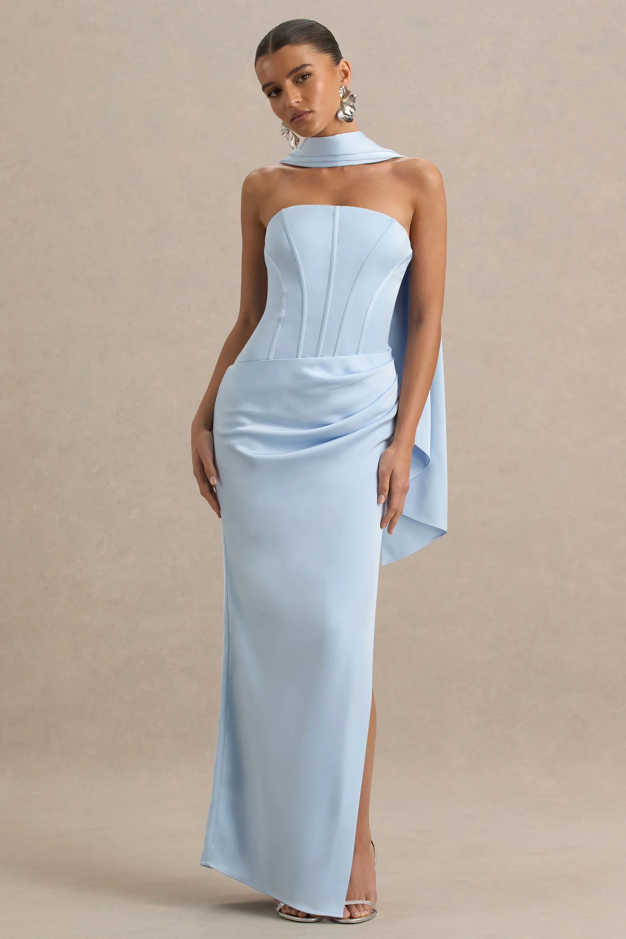 Joseline | Powder Blue Satin Corset Wrap Maxi Dress With Scarf Neck