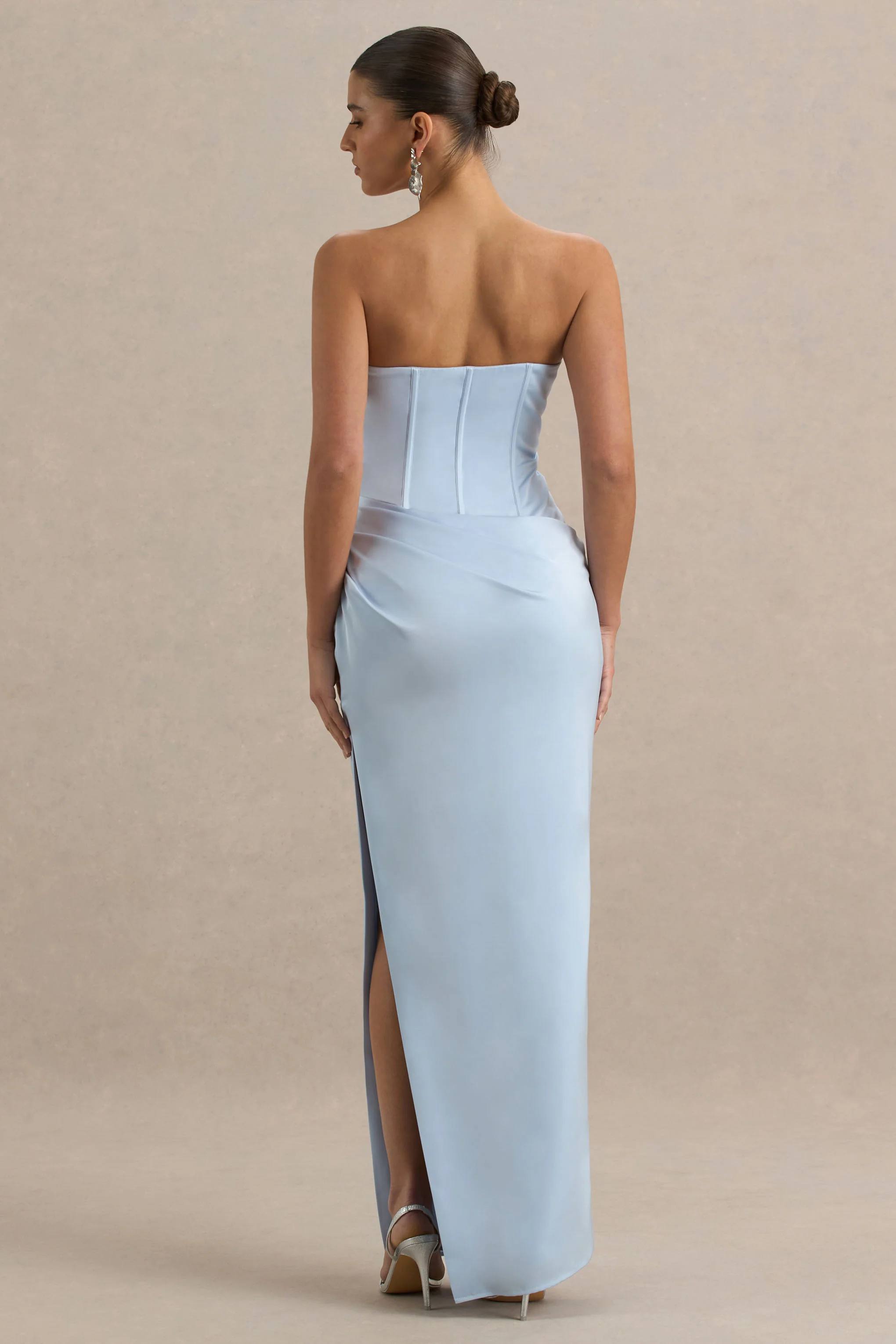Joseline | Powder Blue Satin Corset Wrap Maxi Dress With Scarf Neck - Image 2