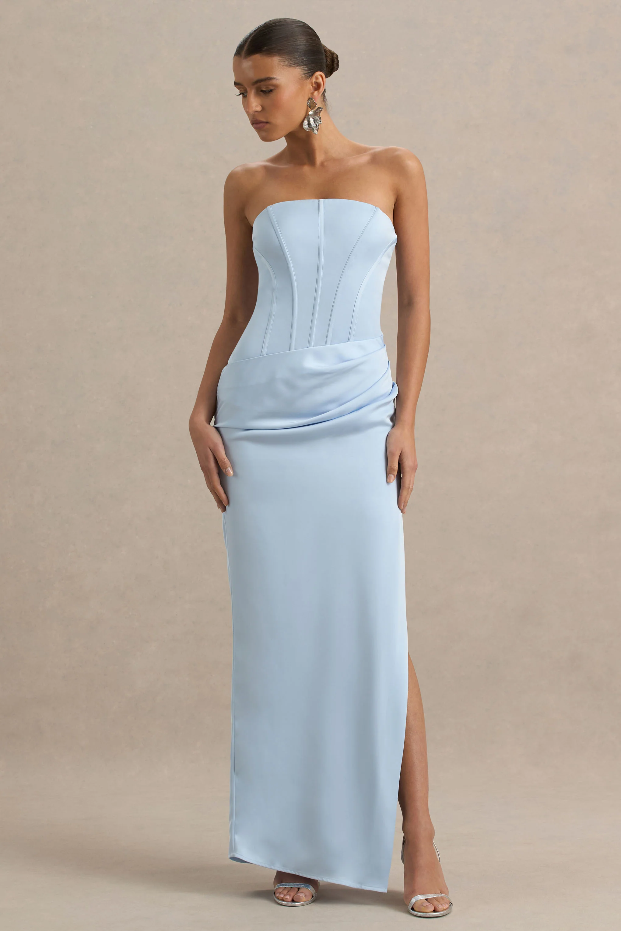 Joseline | Powder Blue Satin Corset Wrap Maxi Dress With Scarf Neck - Image 4