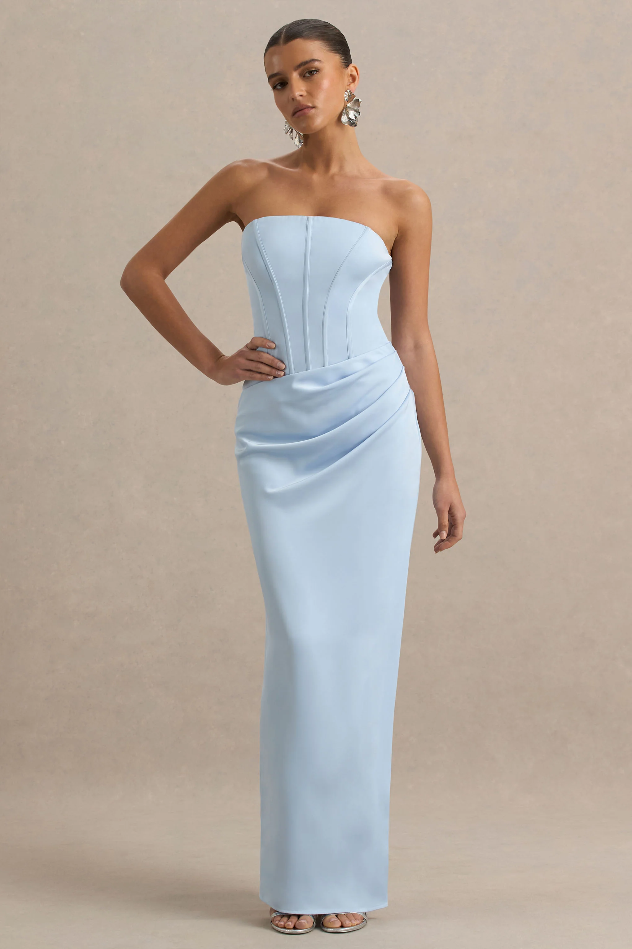 Joseline | Powder Blue Satin Corset Wrap Maxi Dress With Scarf Neck - Image 5
