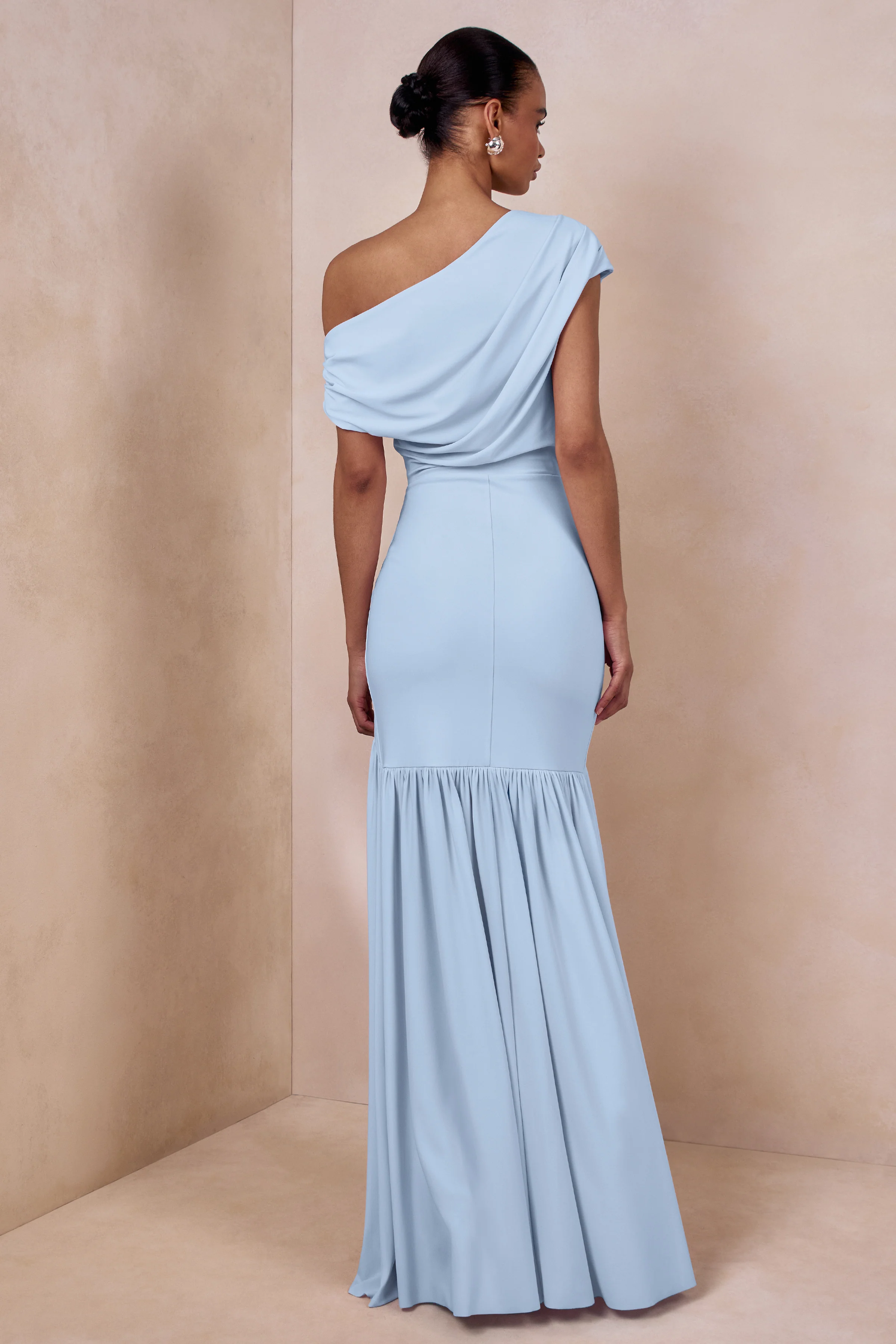 Kady | Powder Blue Asymmetric-Neck Maxi Dress With Ruched Detailing - Image 2