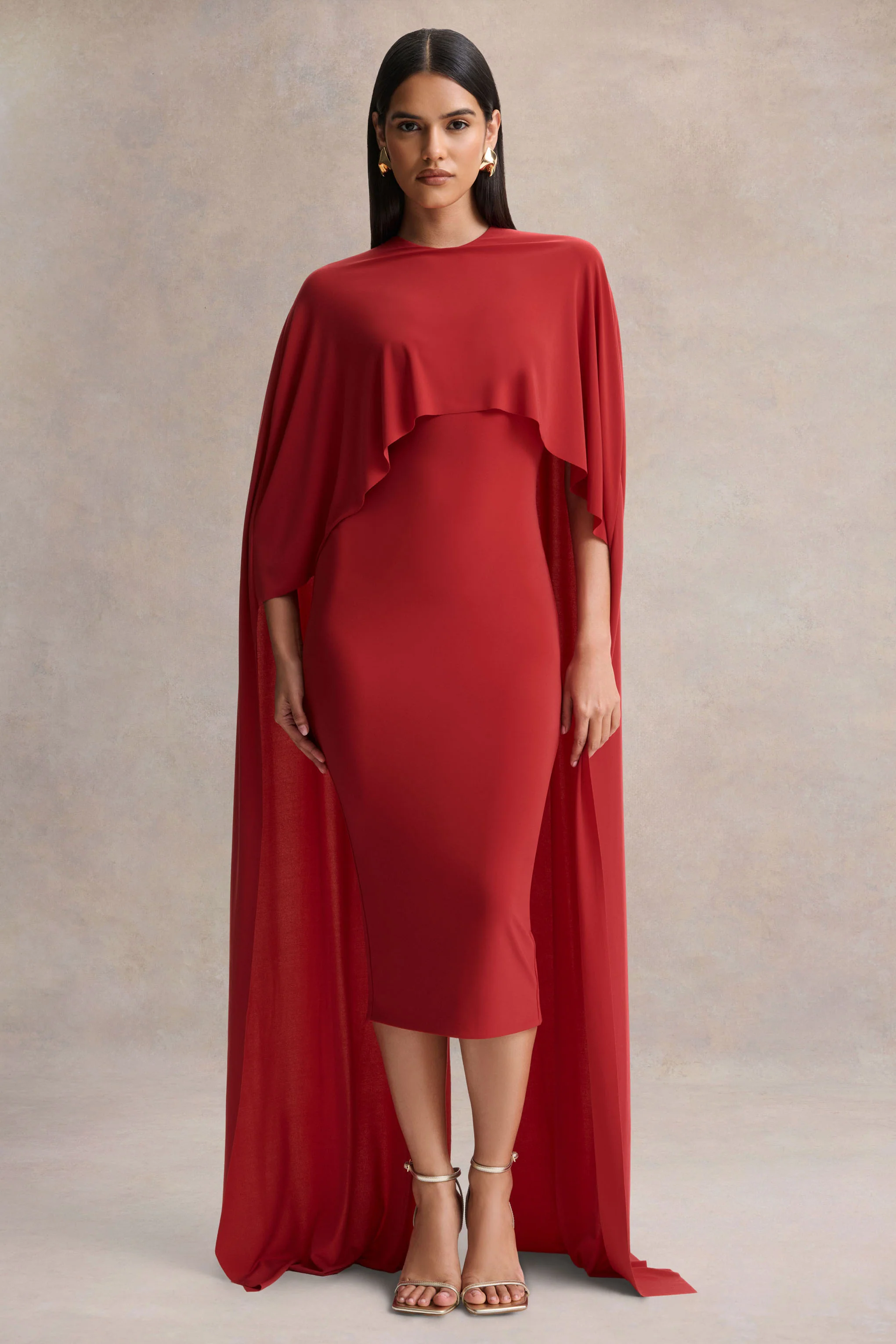 Kalani | Red Crew-Neck Midi Dress With Cape-Sleeves