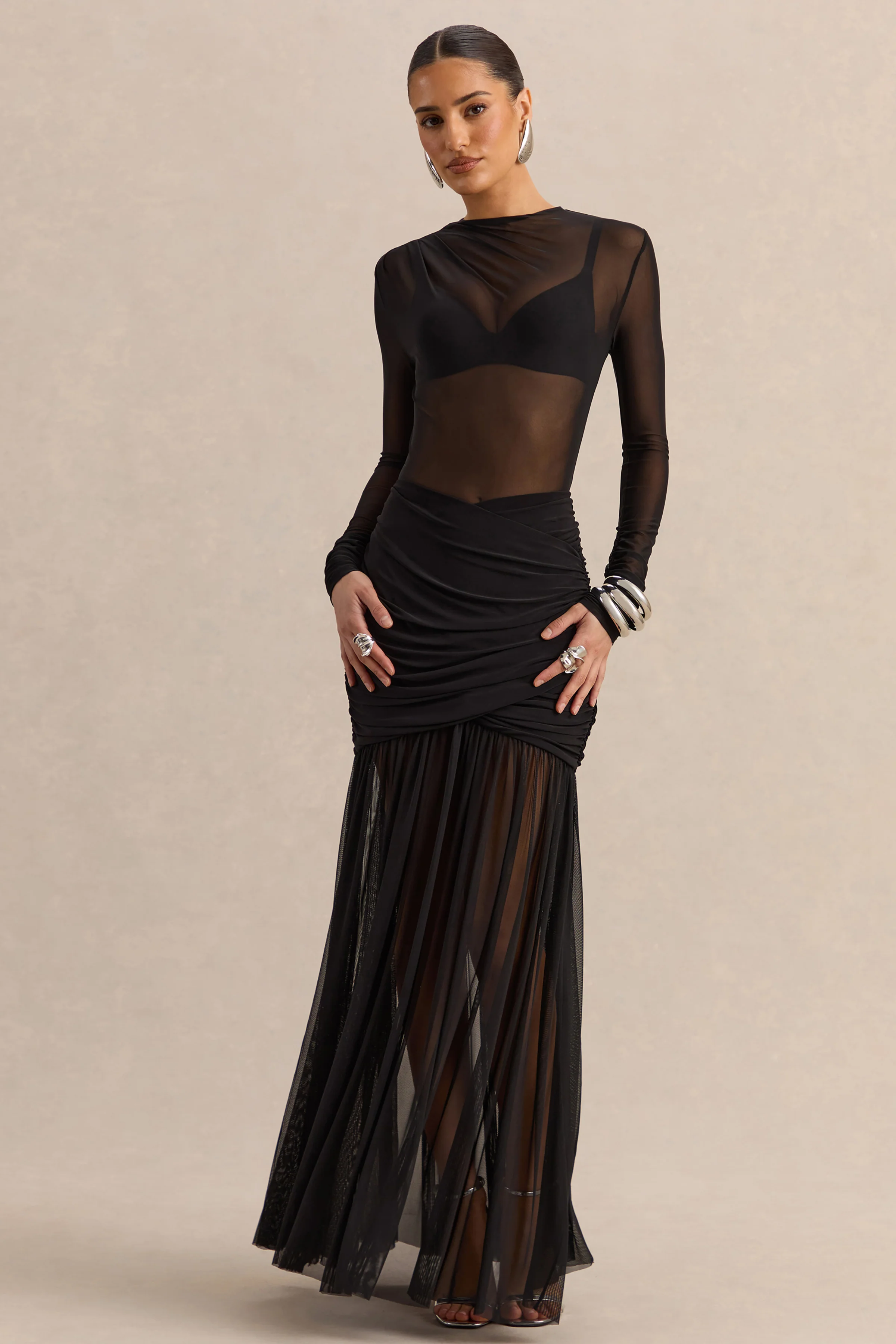 Kallie | Black Twisted Waist Mesh Maxi Skirt - Image 4