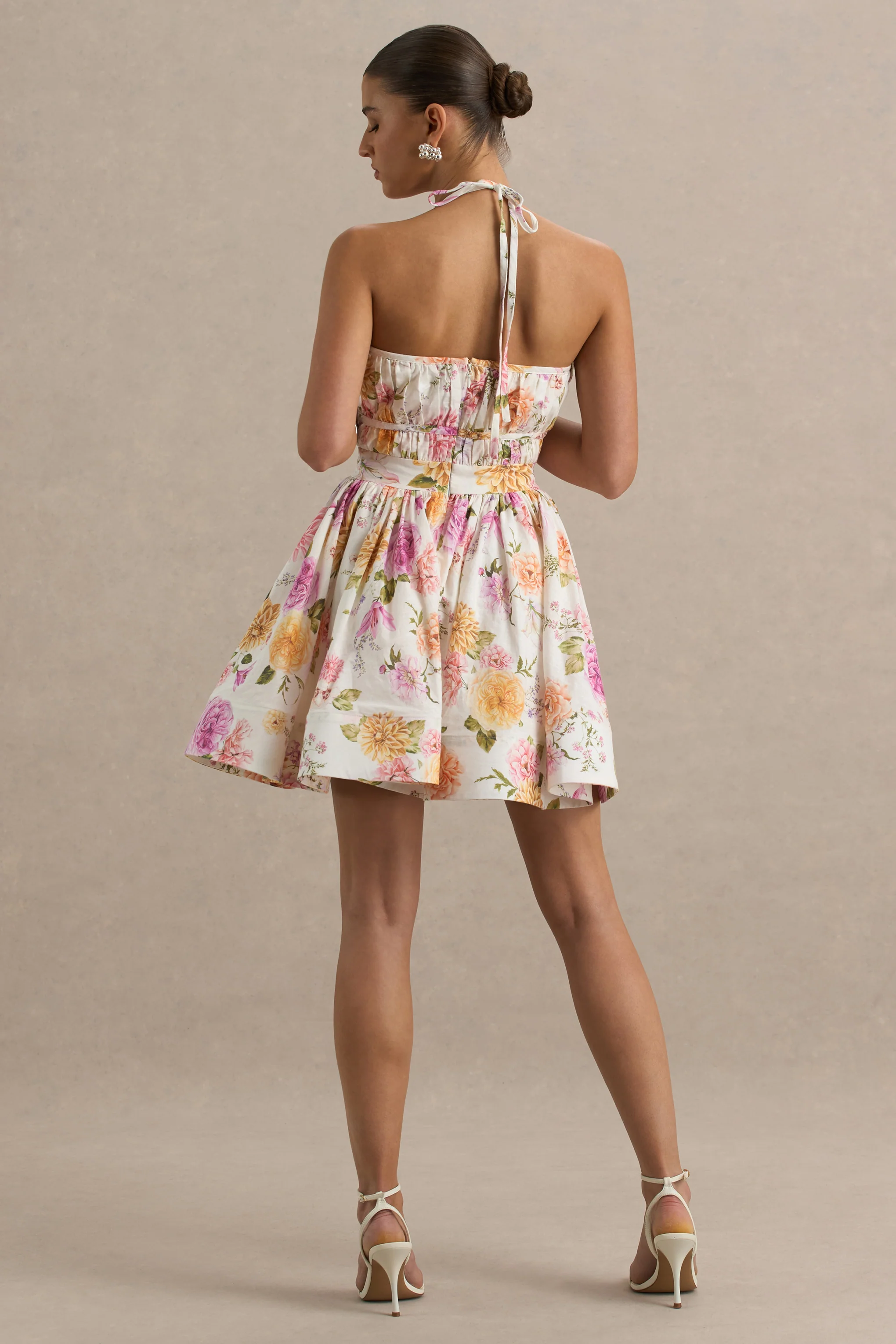 Kasey | Cream Floral Print Halter-Neck Mini Dress With Ruffle Detail - Image 2