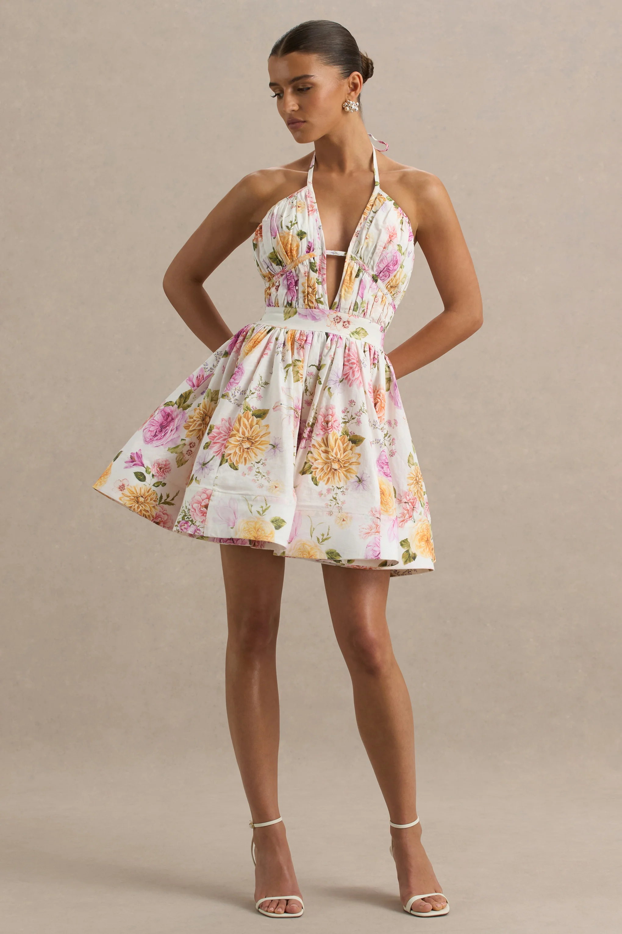 Kasey | Cream Floral Print Halter-Neck Mini Dress With Ruffle Detail - Image 4