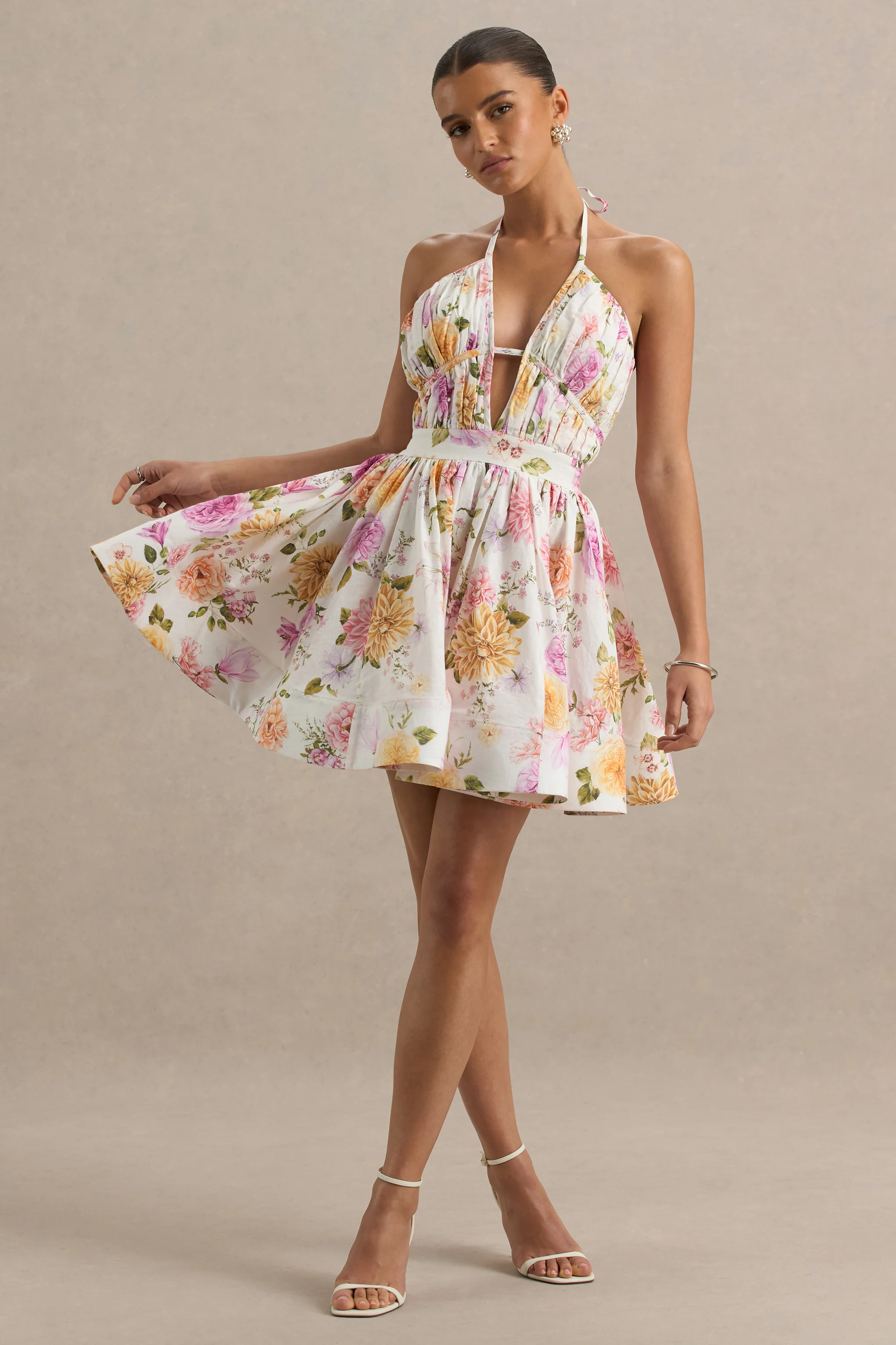 Kasey | Cream Floral Print Halter-Neck Mini Dress With Ruffle Detail - Image 5
