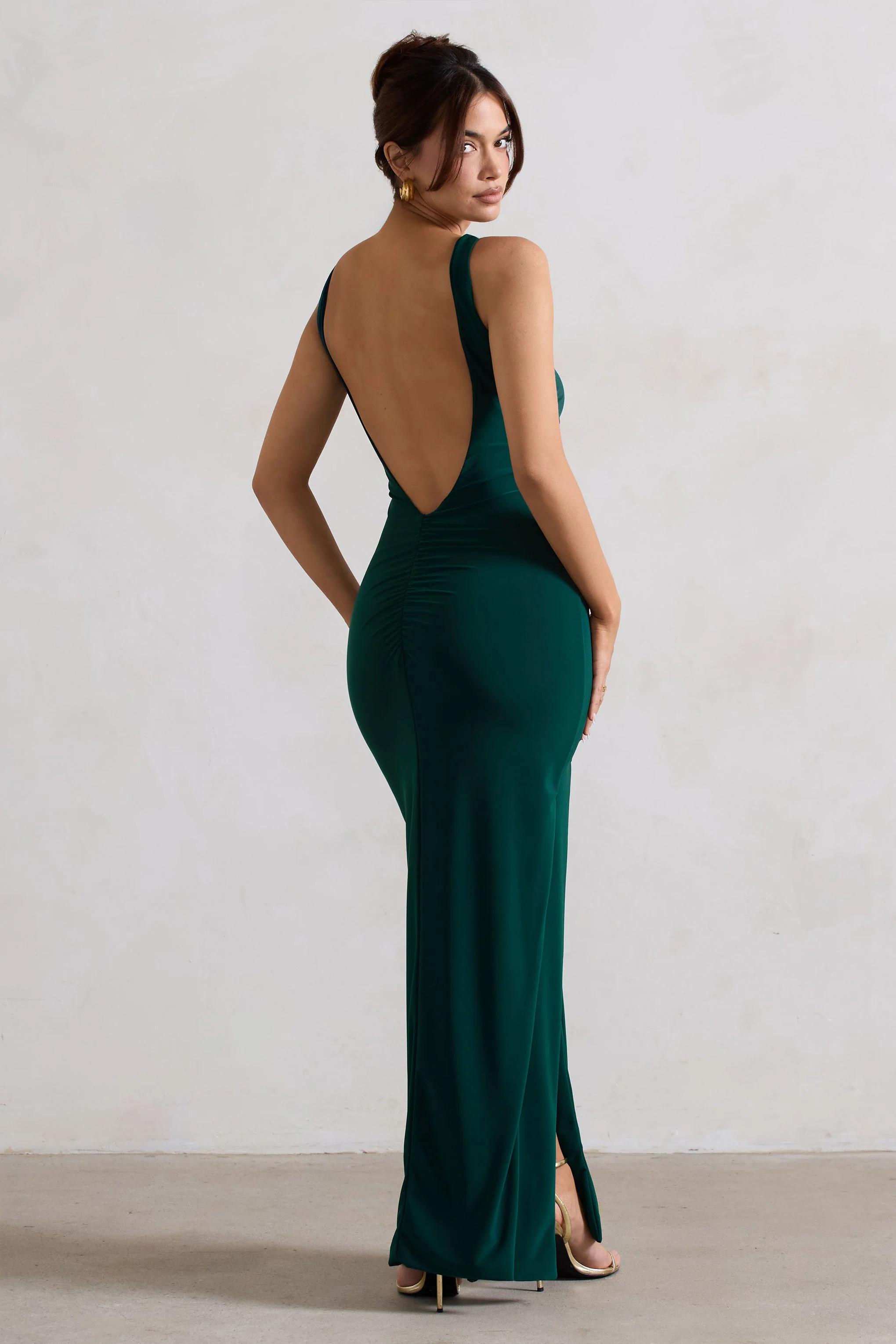 Kate | Bottle Green Square Neck Maxi Dress with Plunge Back and Side Thigh Split - Image 2