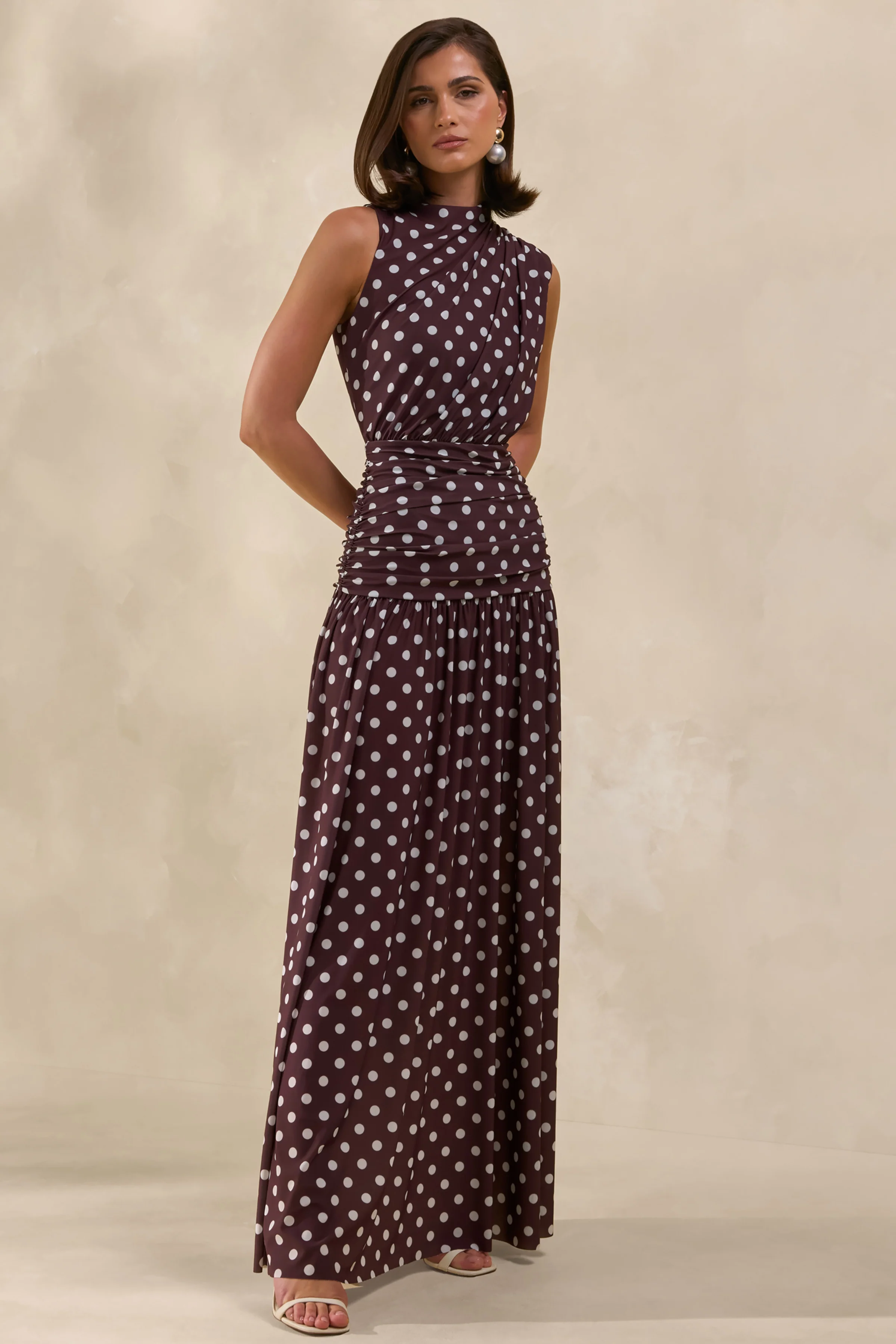 Kelis | Brown Polka-Dot High-Neck Maxi Dress With Draped Detailing - Image 4