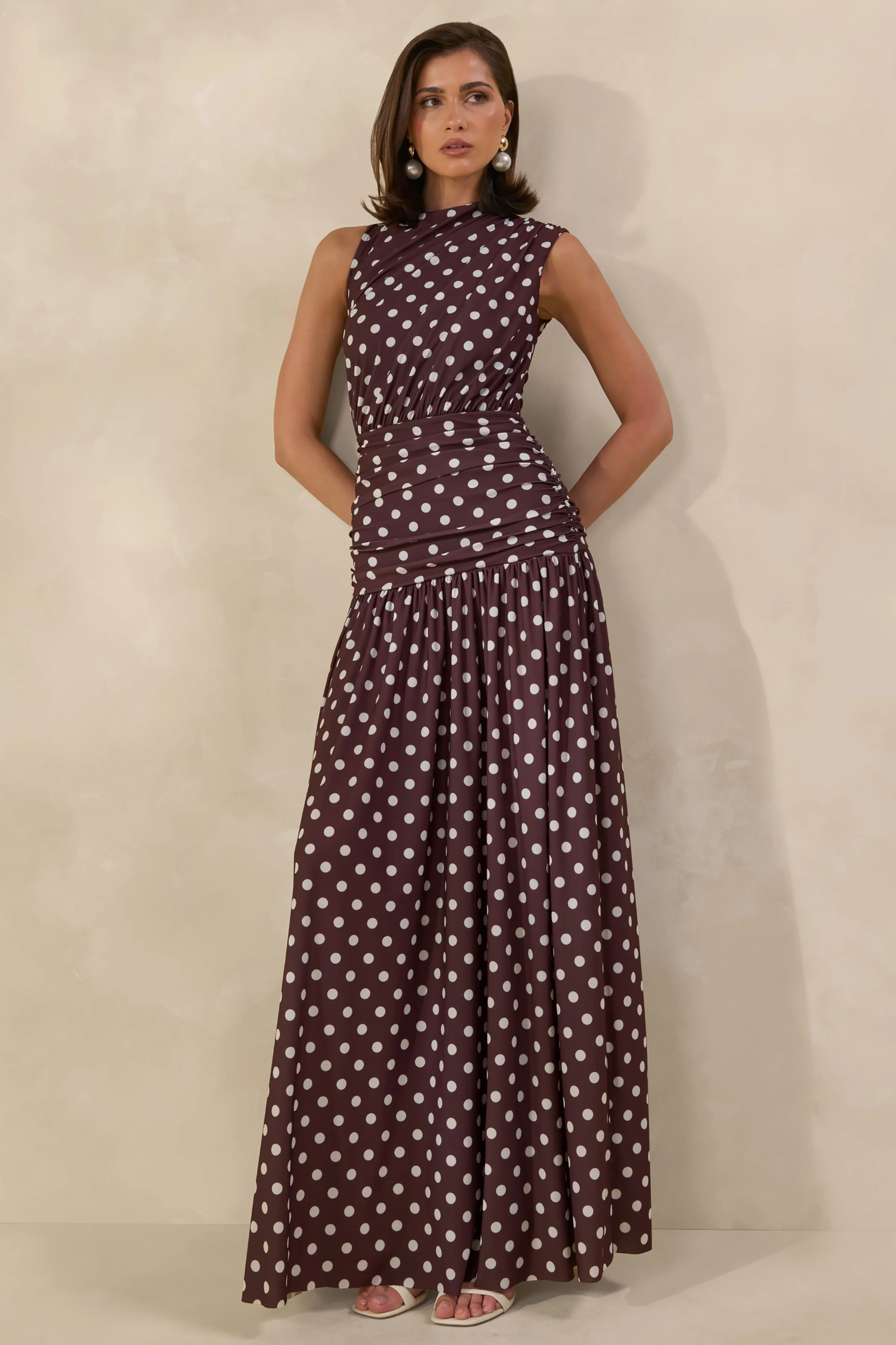 Kelis | Brown Polka-Dot High-Neck Maxi Dress With Draped Detailing - Image 7