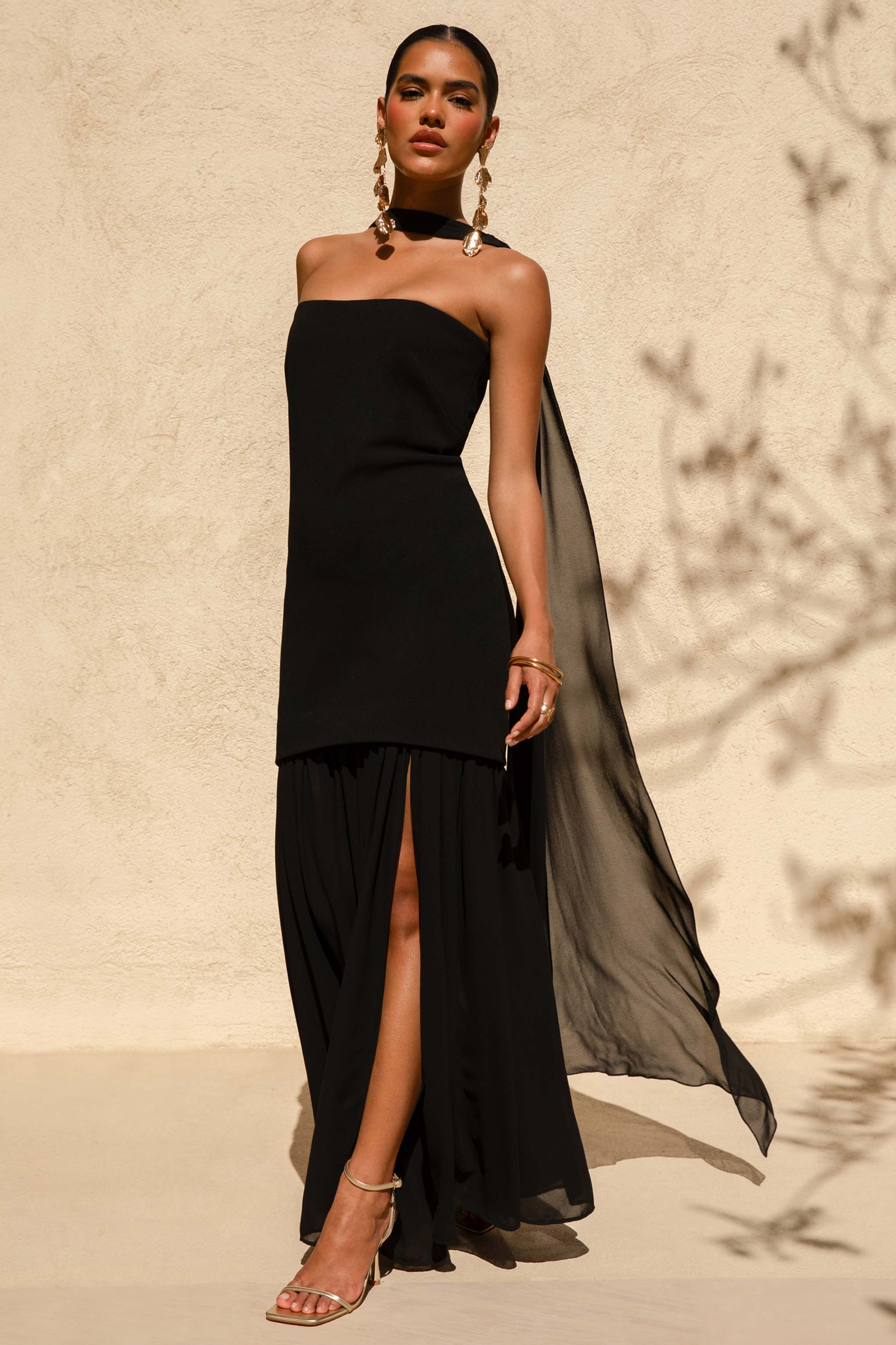 Kylie | Black High-Neck Maxi Dress With Chiffon Skirt - Image 4